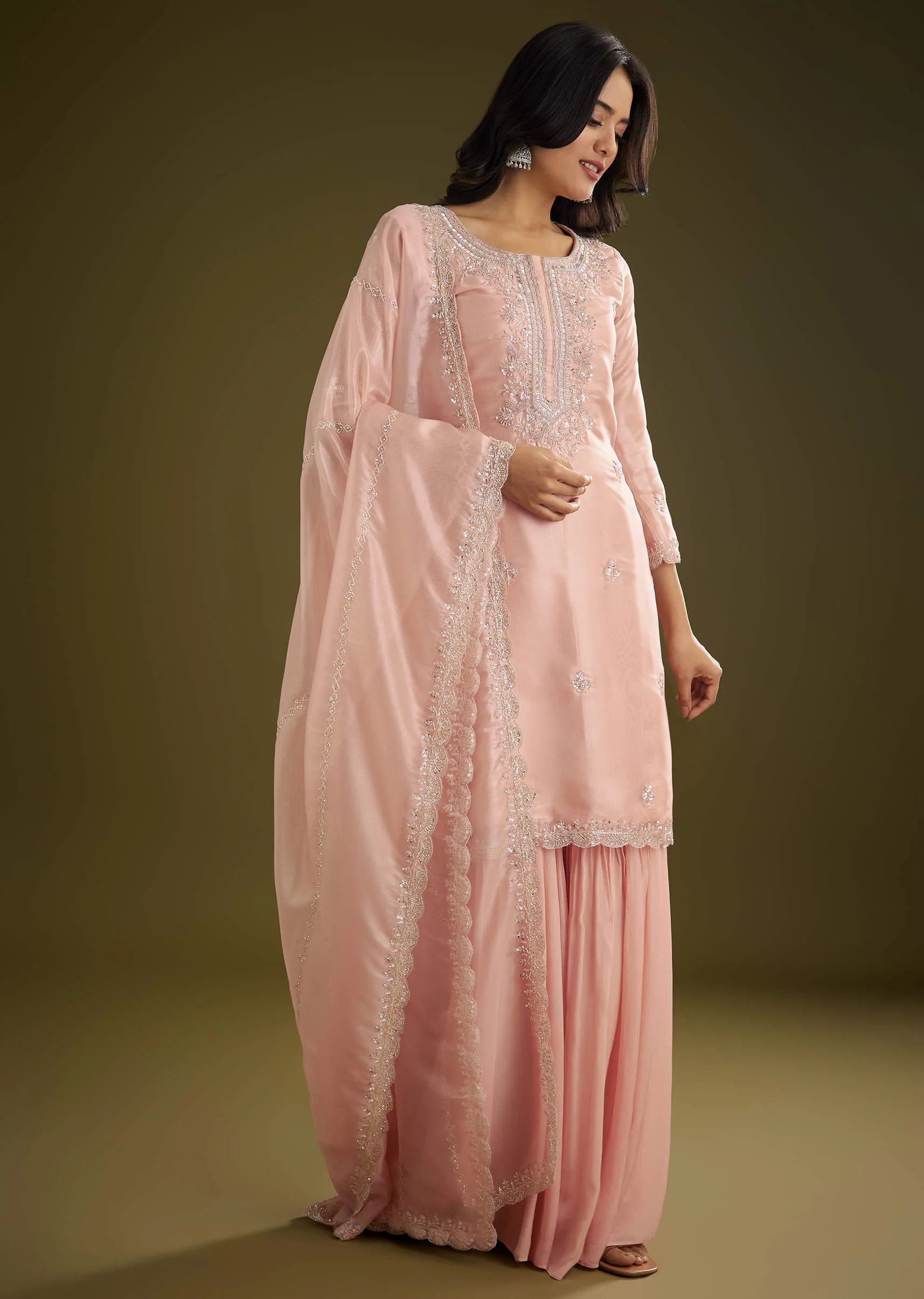 Light Peach Tissue Cut Dana Beads Kurta Set With Embroidered Dupatta - Image 7