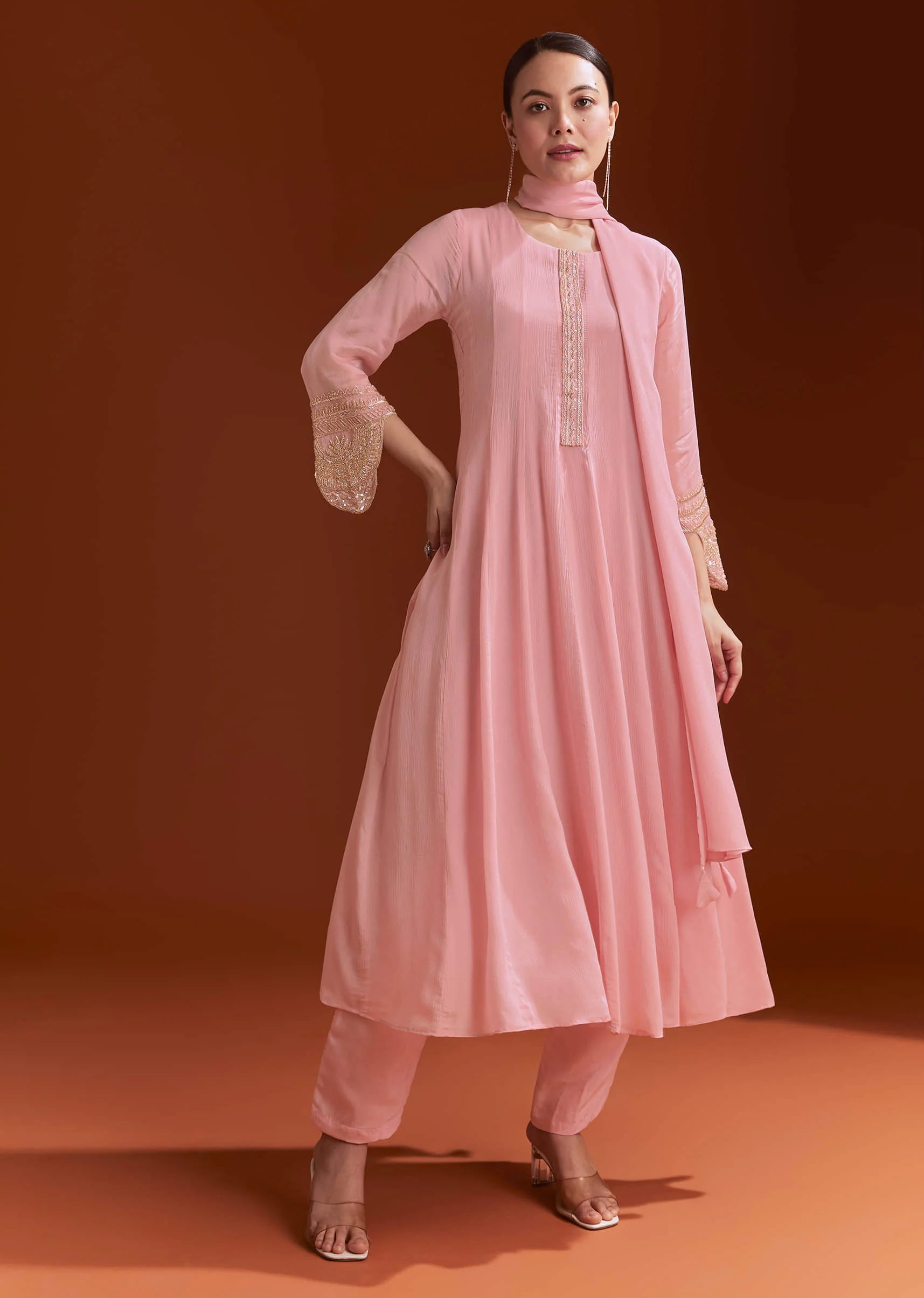 Light Pink Chinon Anarkali Suit With Cut Dana And Beads Work - Image 7
