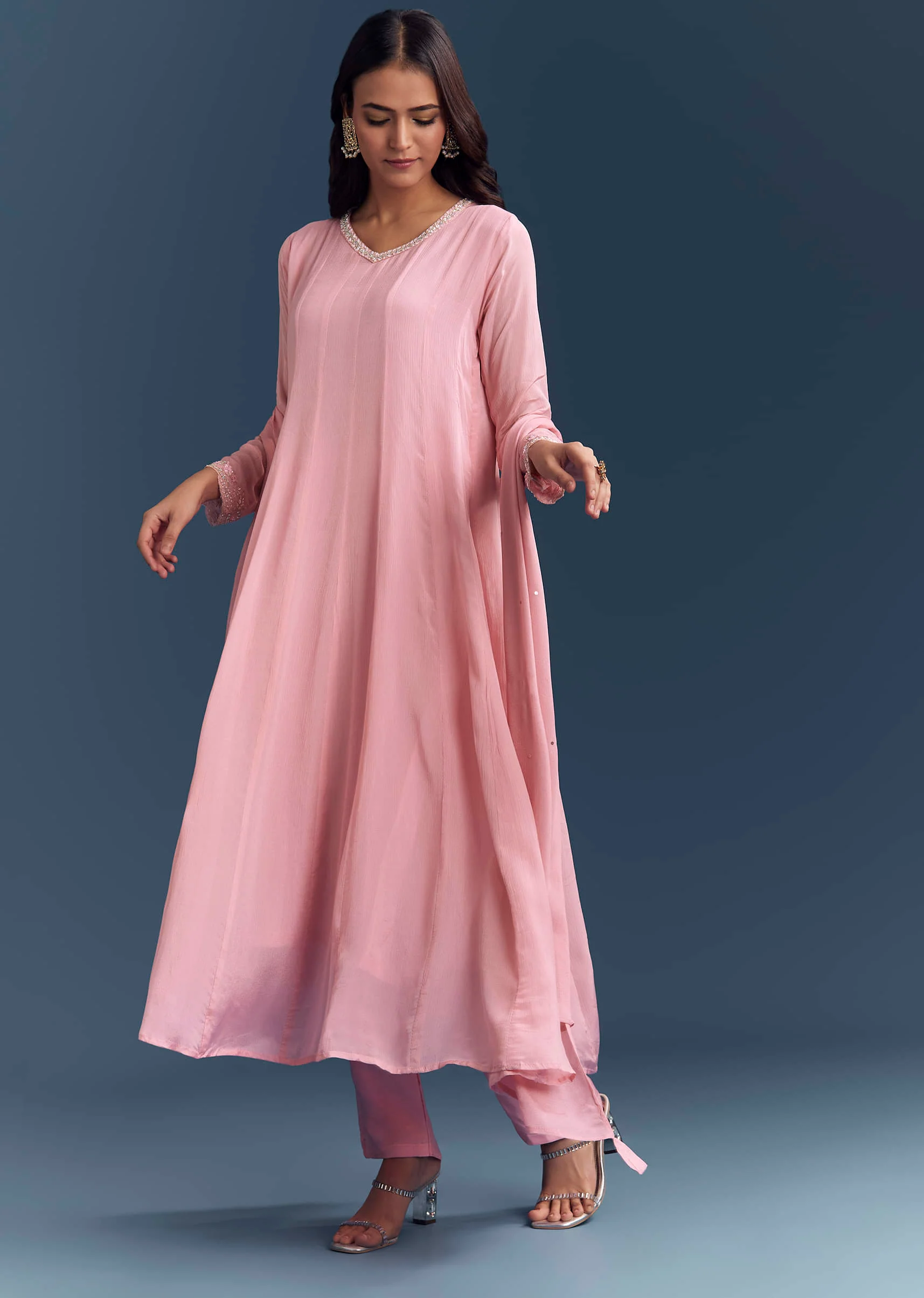 Light Pink Chinon Anarkali Suit With Cutdana And Sequins Embroidery - Image 2