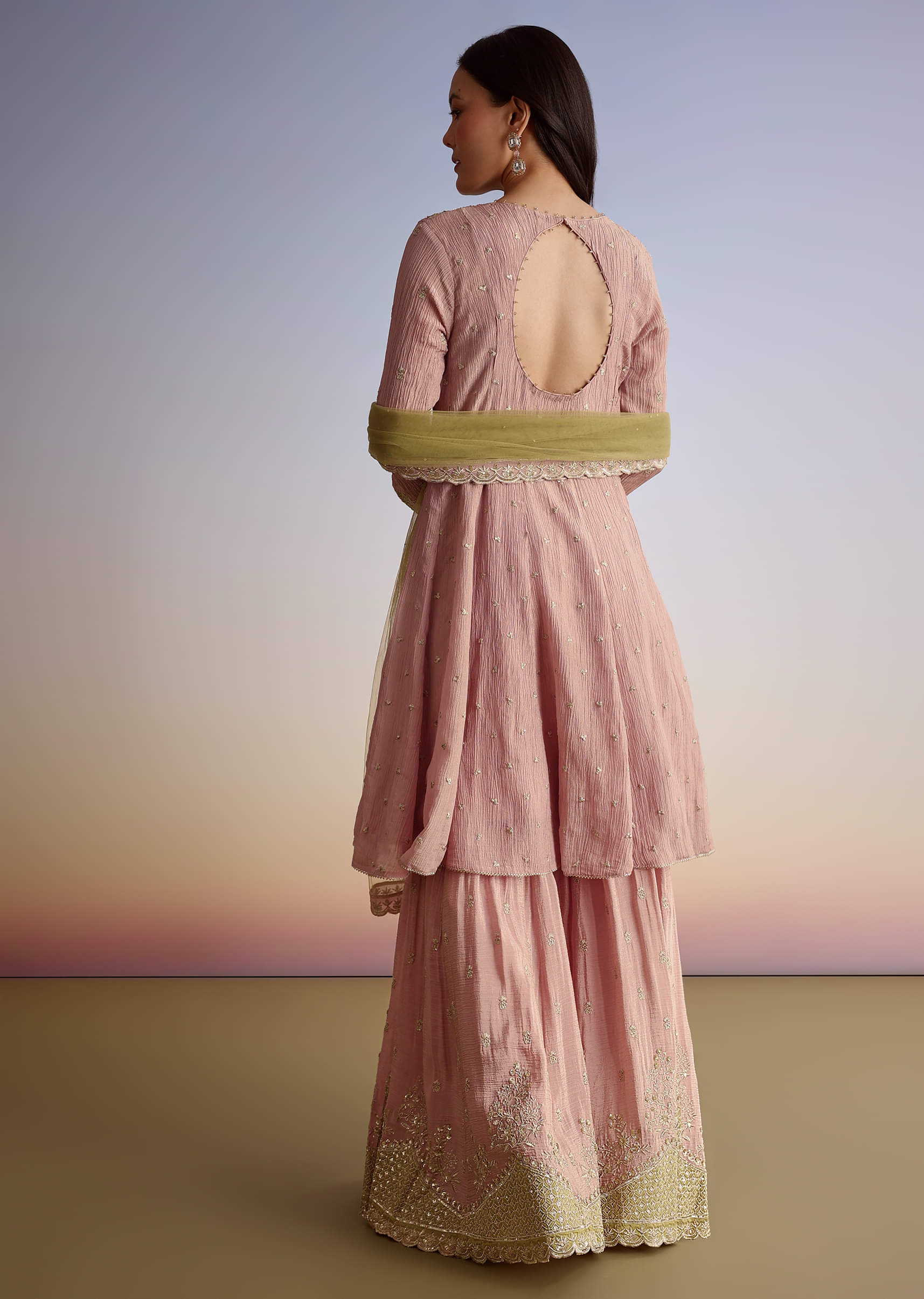 Light Pink Crush Tissue Sharara Suit With Zari Sequins - Image 4