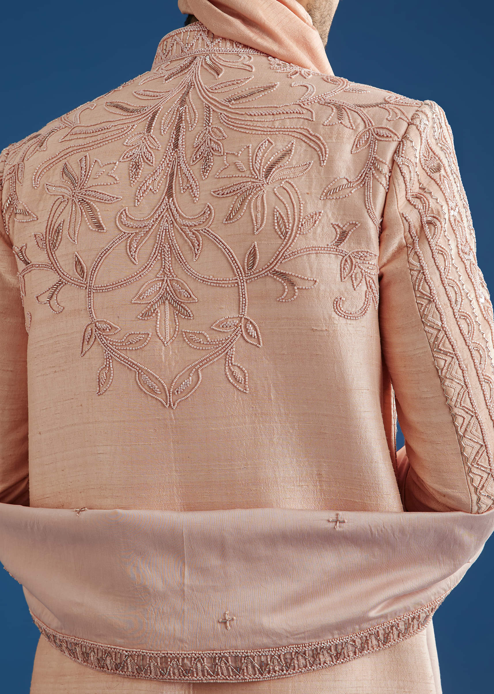 Light Pink Raw Silk Sherwani Set With Hand Work In Chanderi And Dola Silk - Image 5