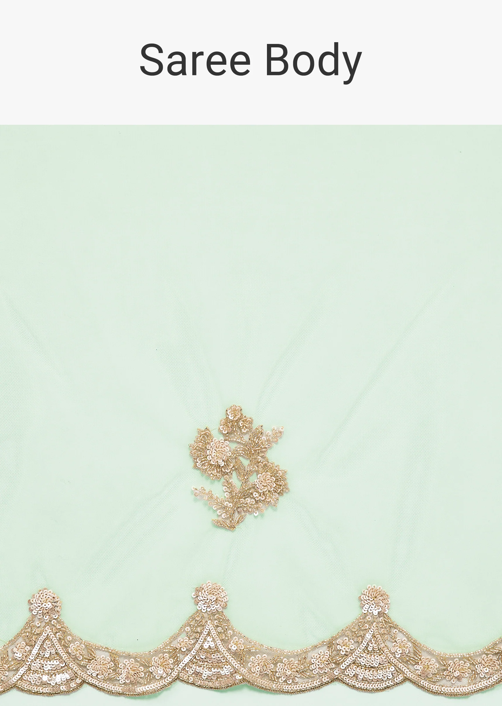 Light Sea Green Net Saree With Deep Scallop Border And Cutdana Sequin Bead Embroidery - Image 9