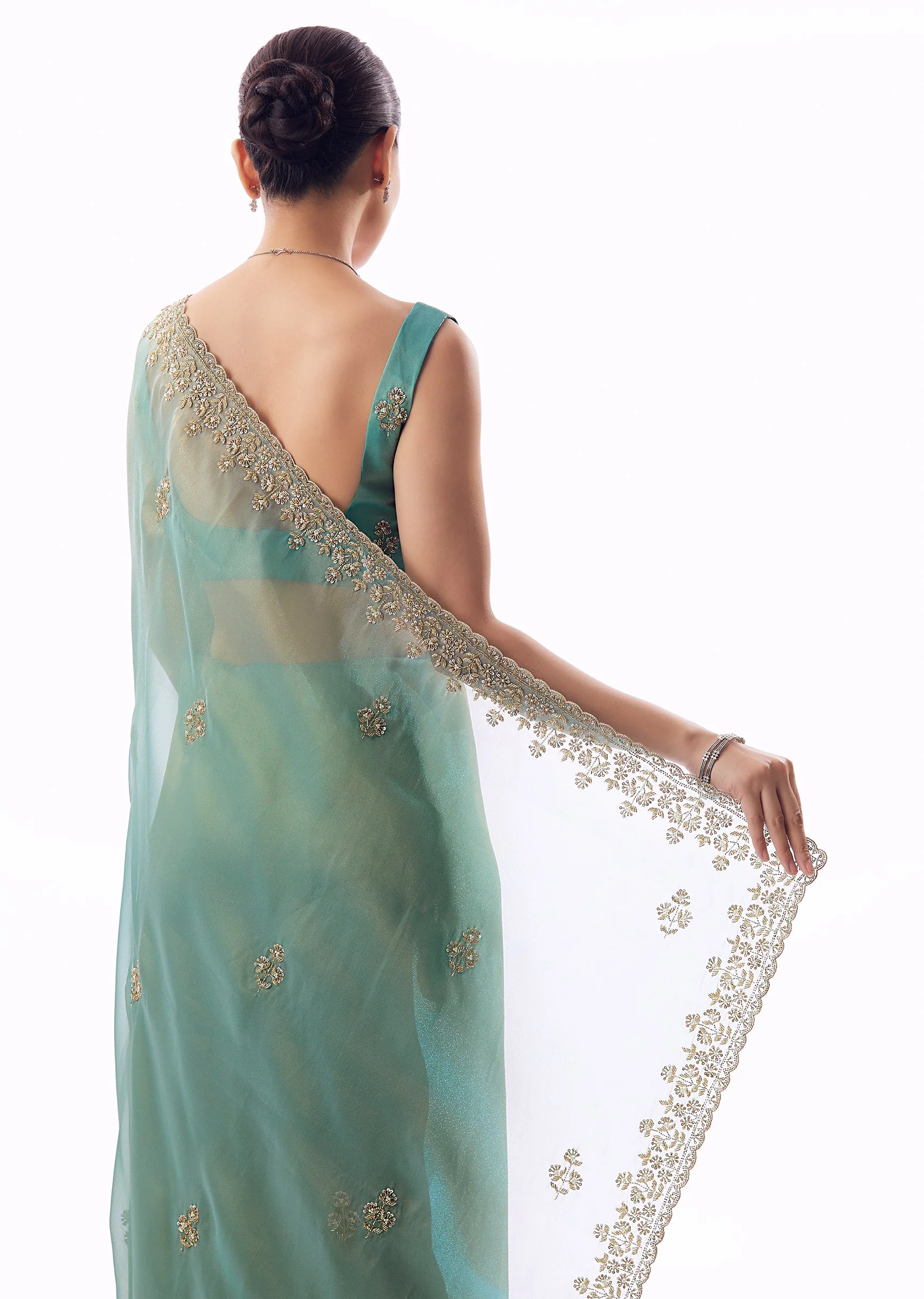 Light Turquoise Blue Tissue Saree And Cutdana Sequin Bead Embroidered Borders - Image 6