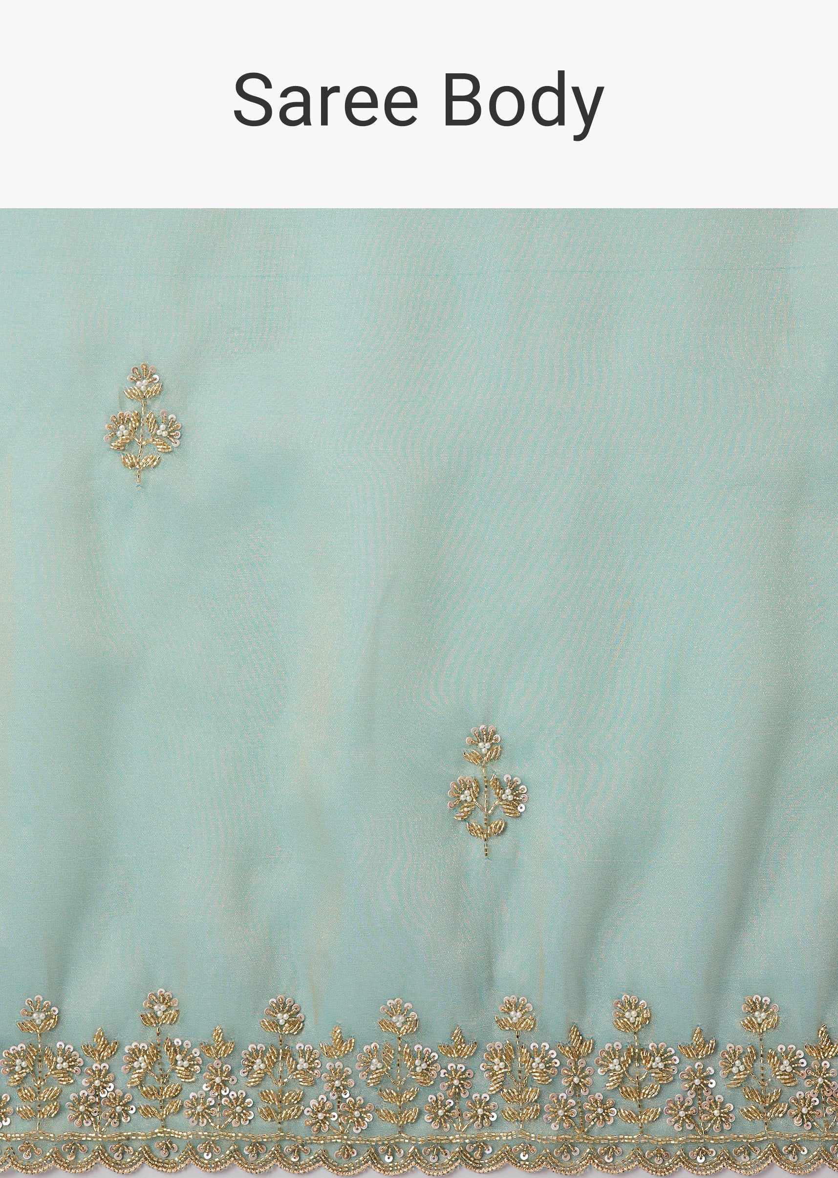 Light Turquoise Blue Tissue Saree And Cutdana Sequin Bead Embroidered Borders - Image 9