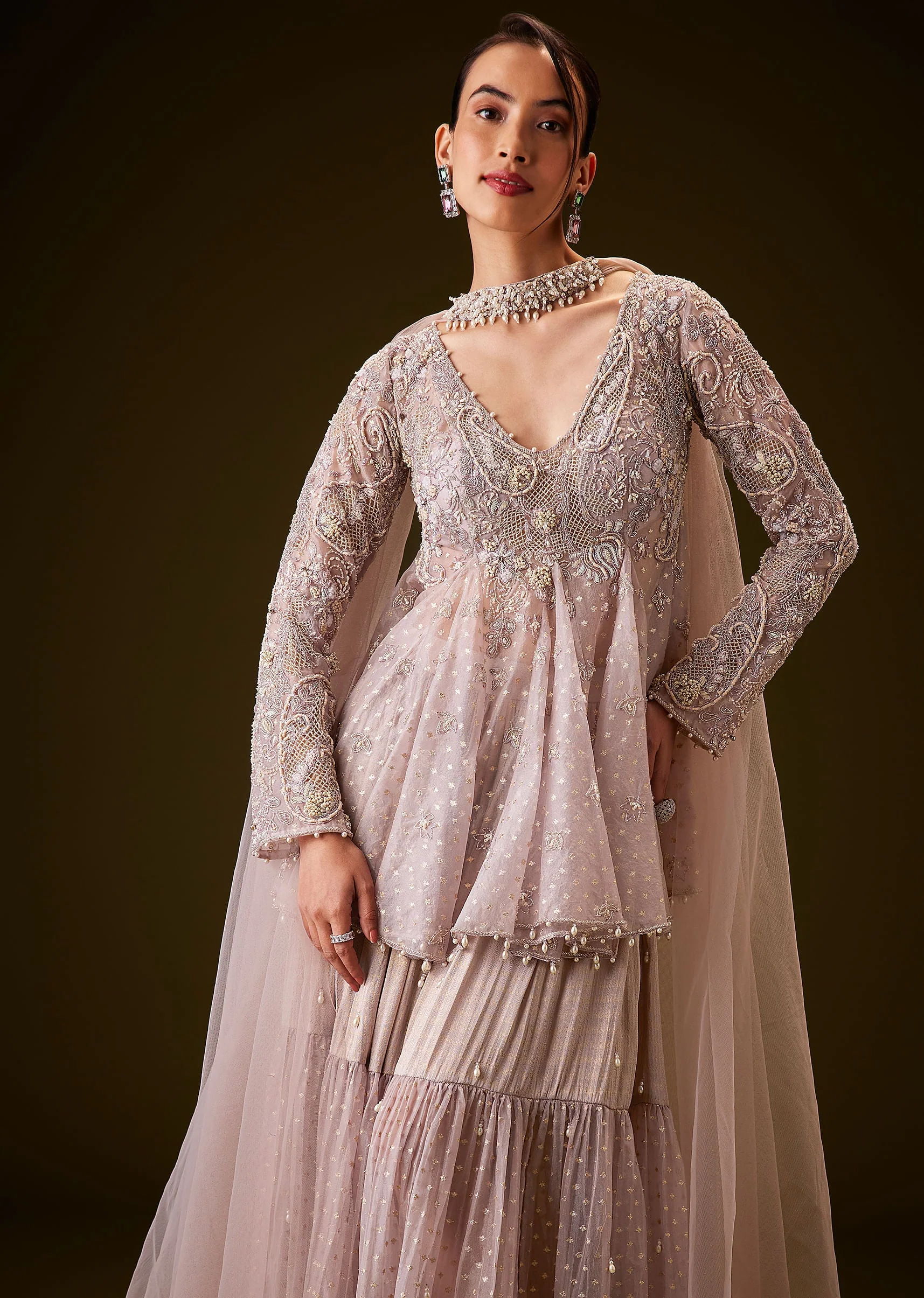 Lilac Banarasi Silk Sharara Set With Choker Dupatta - Image 4