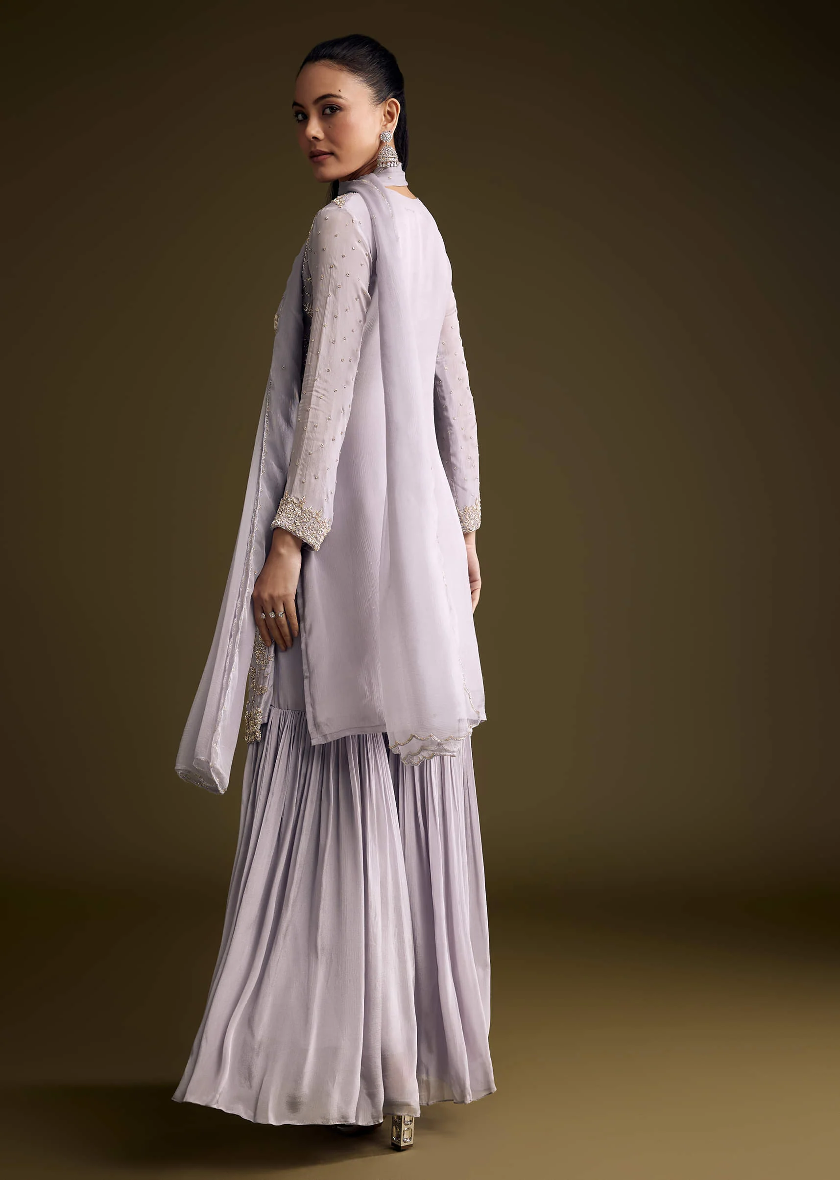 Lilac Chinon Sharara Suit With Cutdana And Sequins Embroidery - Image 5