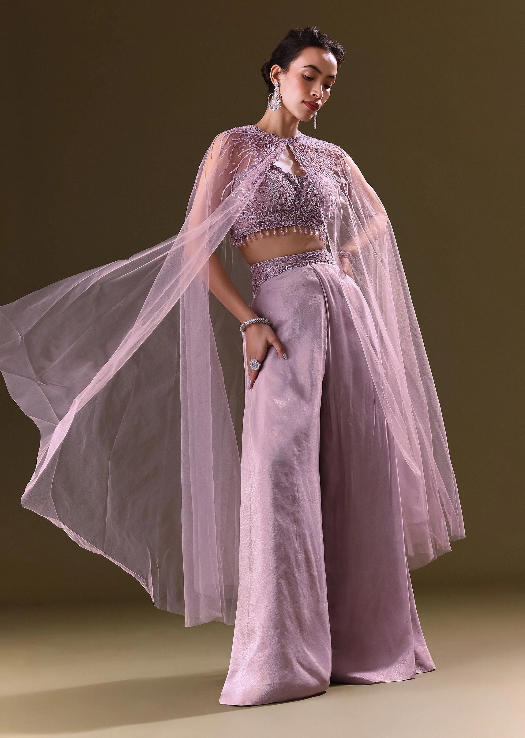 Lilac Embroidered Bustier And Cape With Flared Pant - Image 2