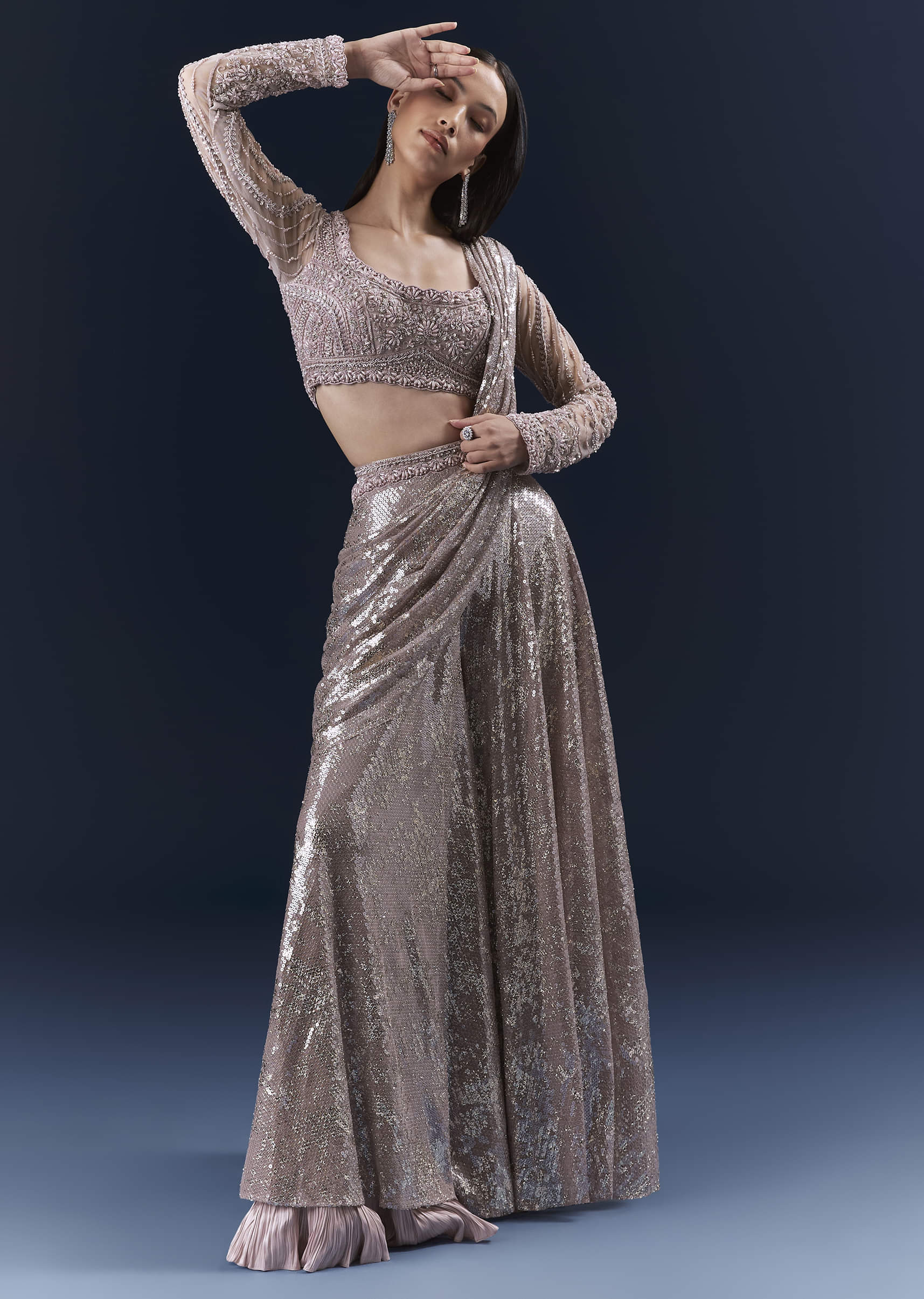 Lilac Imported Sequins Crop Top And Palazzo Pants With Attached Dupatta