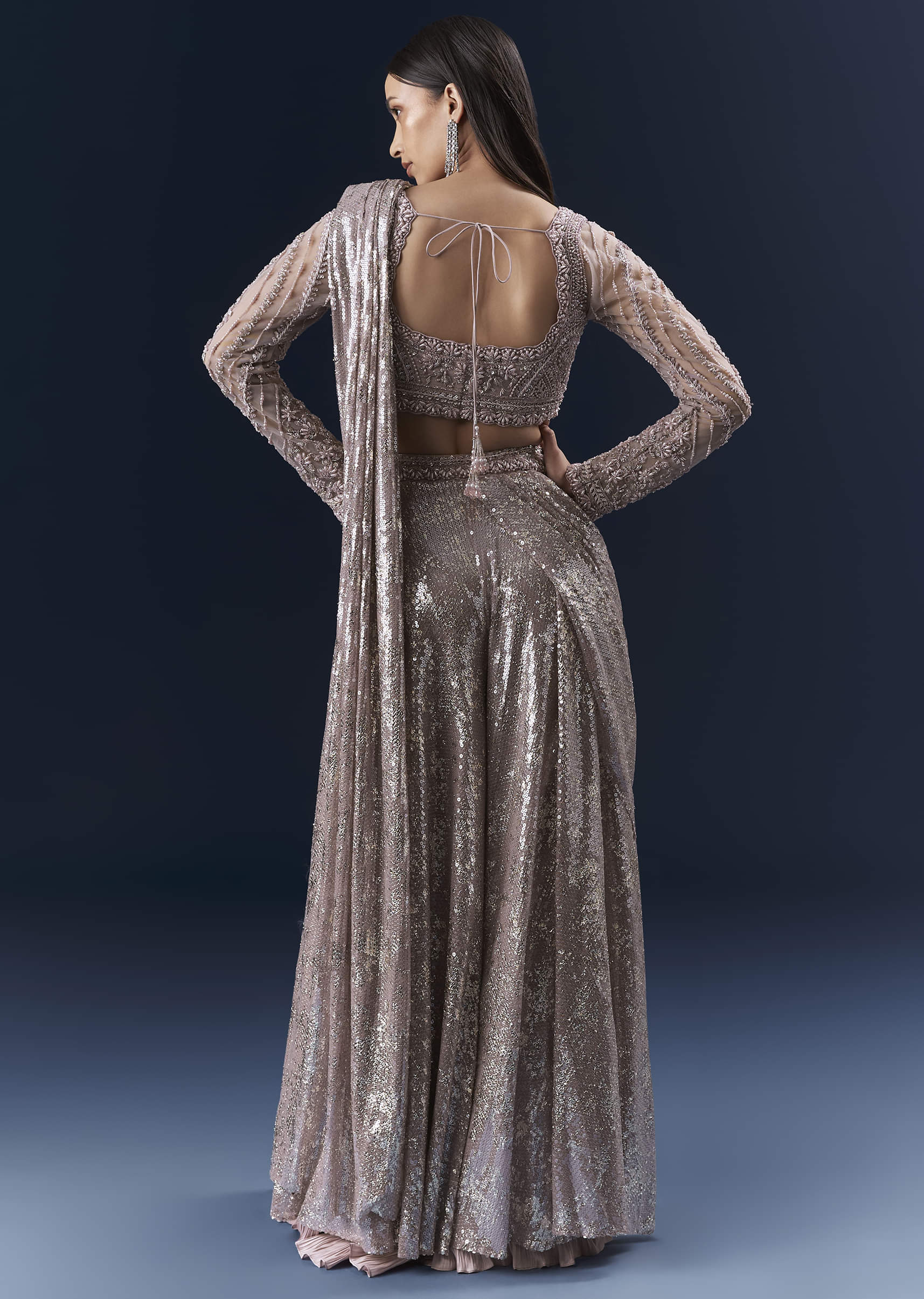 Lilac Imported Sequins Crop Top And Palazzo Pants With Attached Dupatta - Image 2