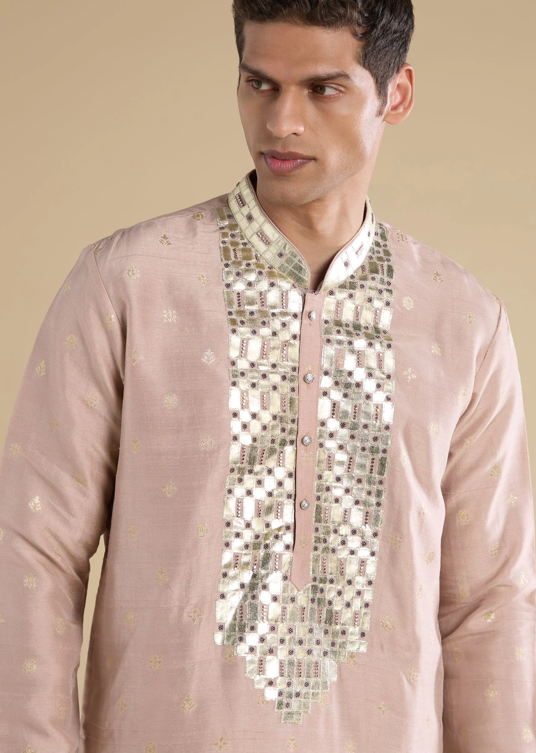 Lilac Leather Patch Embroidered Raw Silk Kurta Set - Image 2