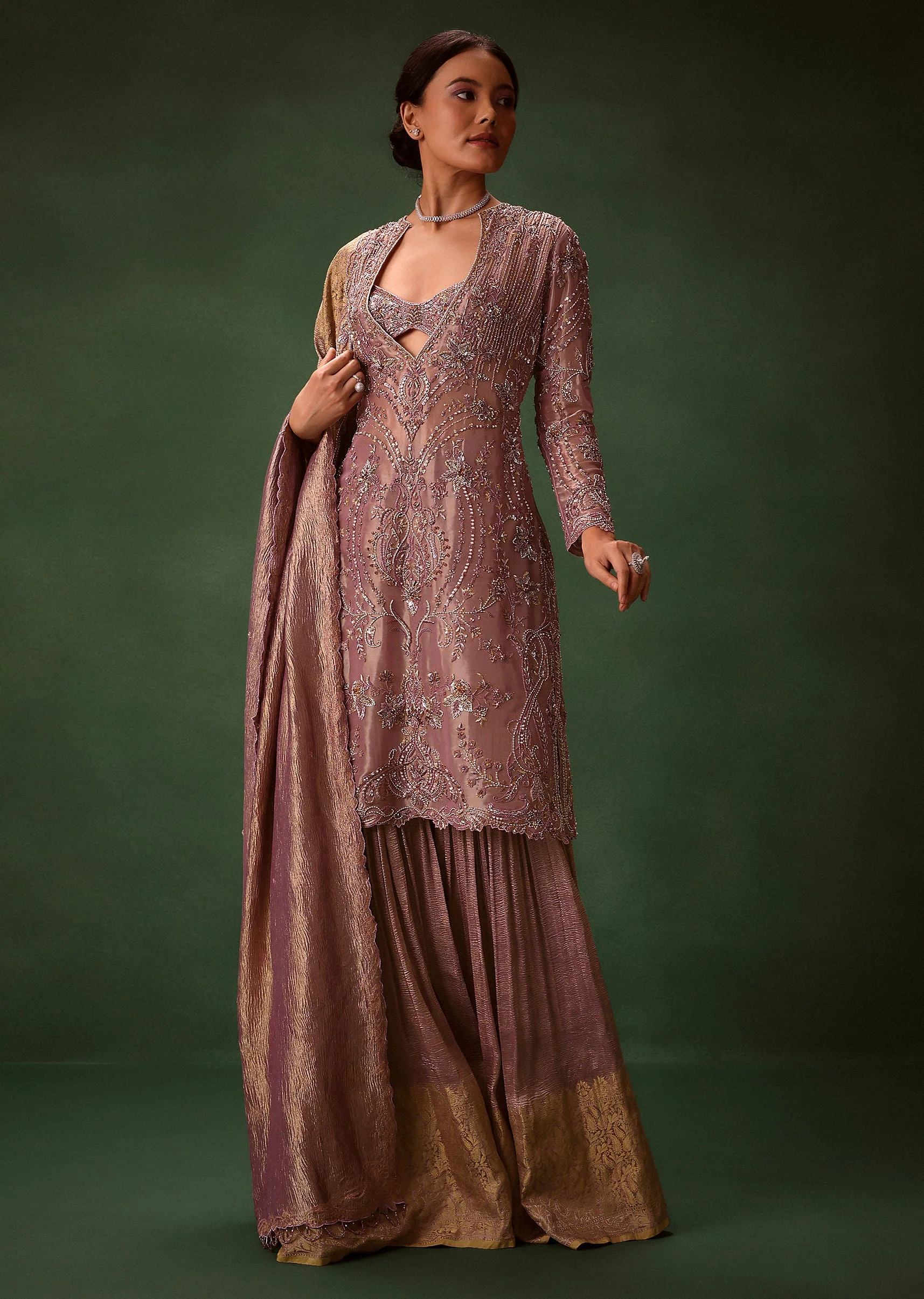 Lilac Platinum Tissue Kurti Set With Hand Embroidered Gharara Pants And Dupatta - Image 4