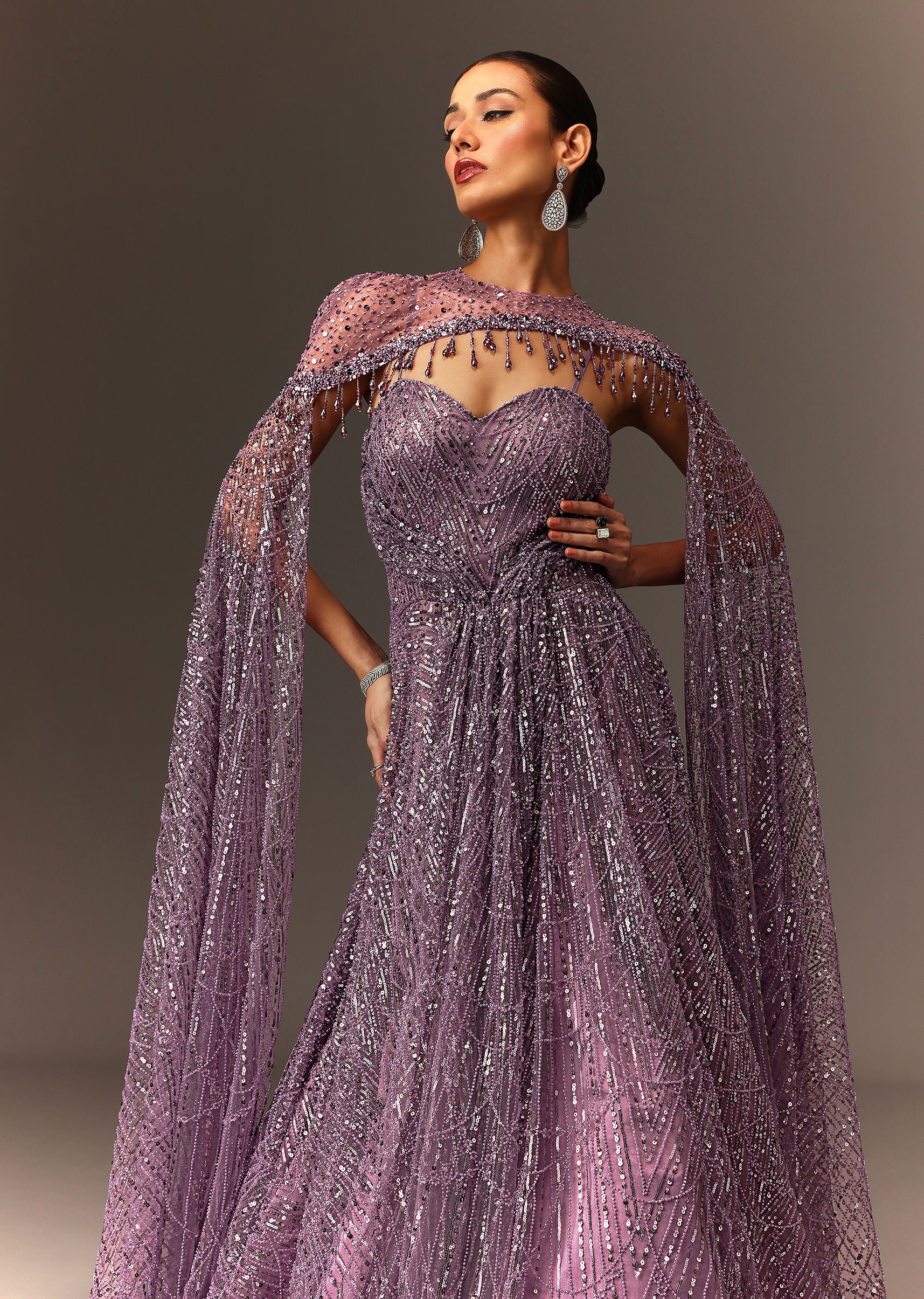 Lilac Sequin Gown With Attached Cheeta Work Cape Sleeves - Image 5