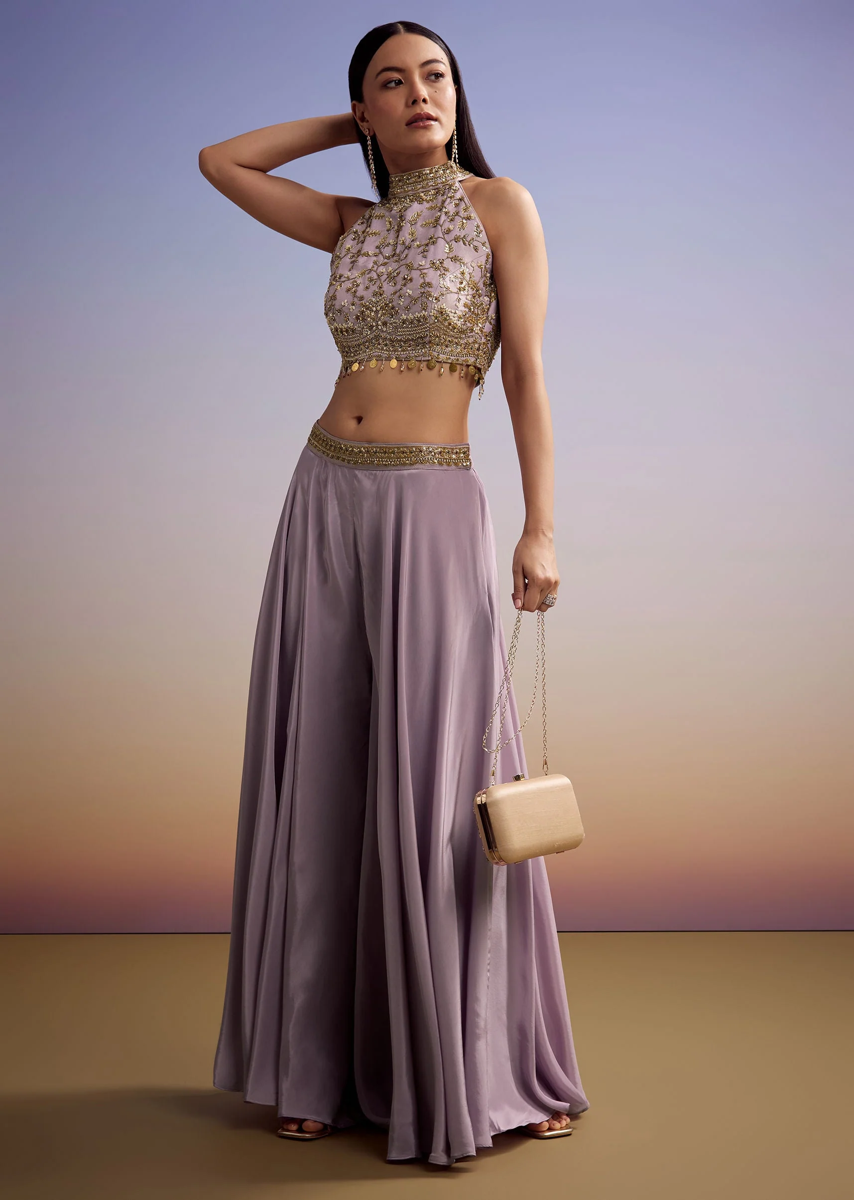 Lilac Tissue Crop Top Set With Orange Pastel Embroidery - Image 3