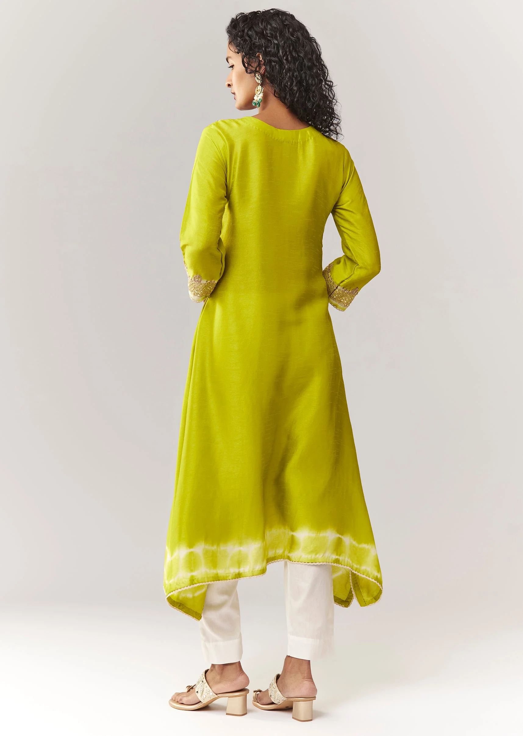 Lime Green A line Kurta Coord With Zari Thread Work And Leheriya Border - Image 5