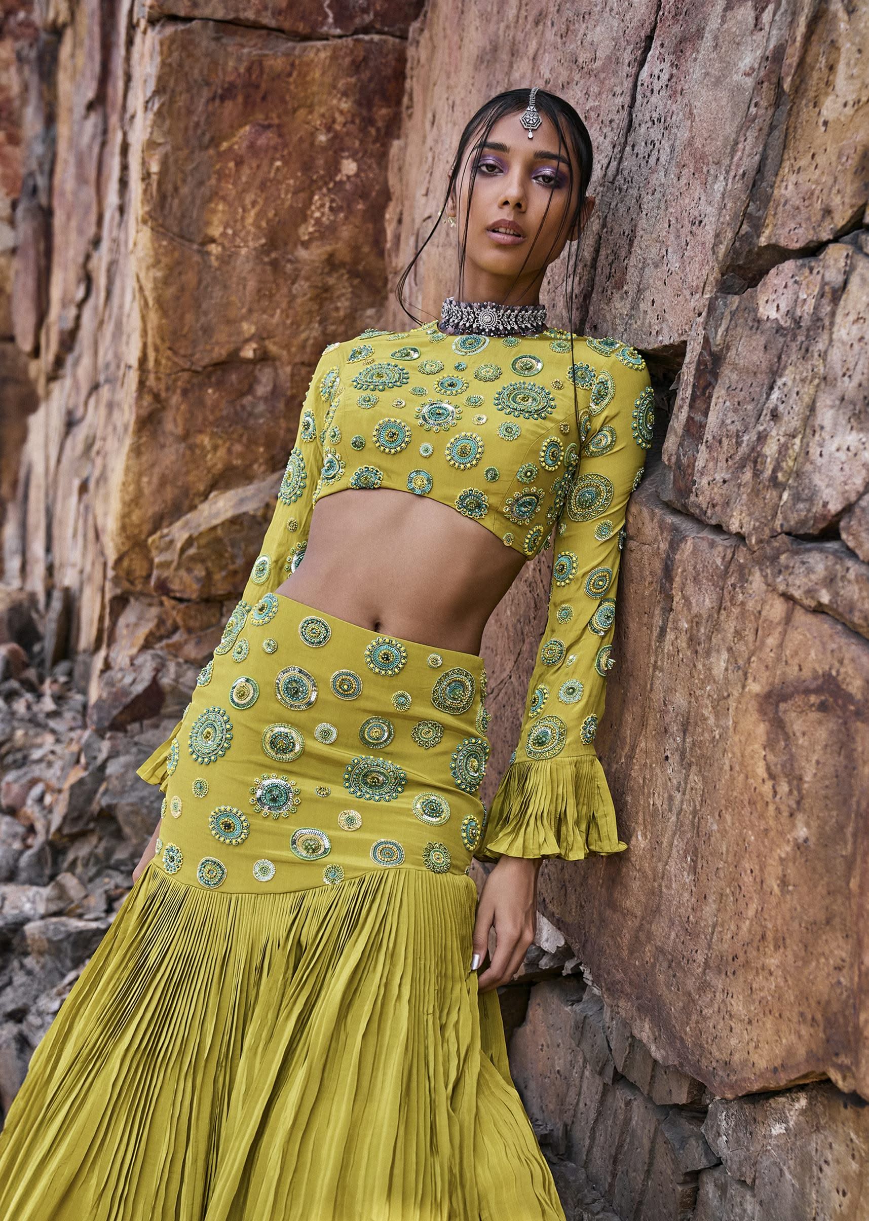 Lime Green High Neck Blouse With Pleated Skirt - Image 2