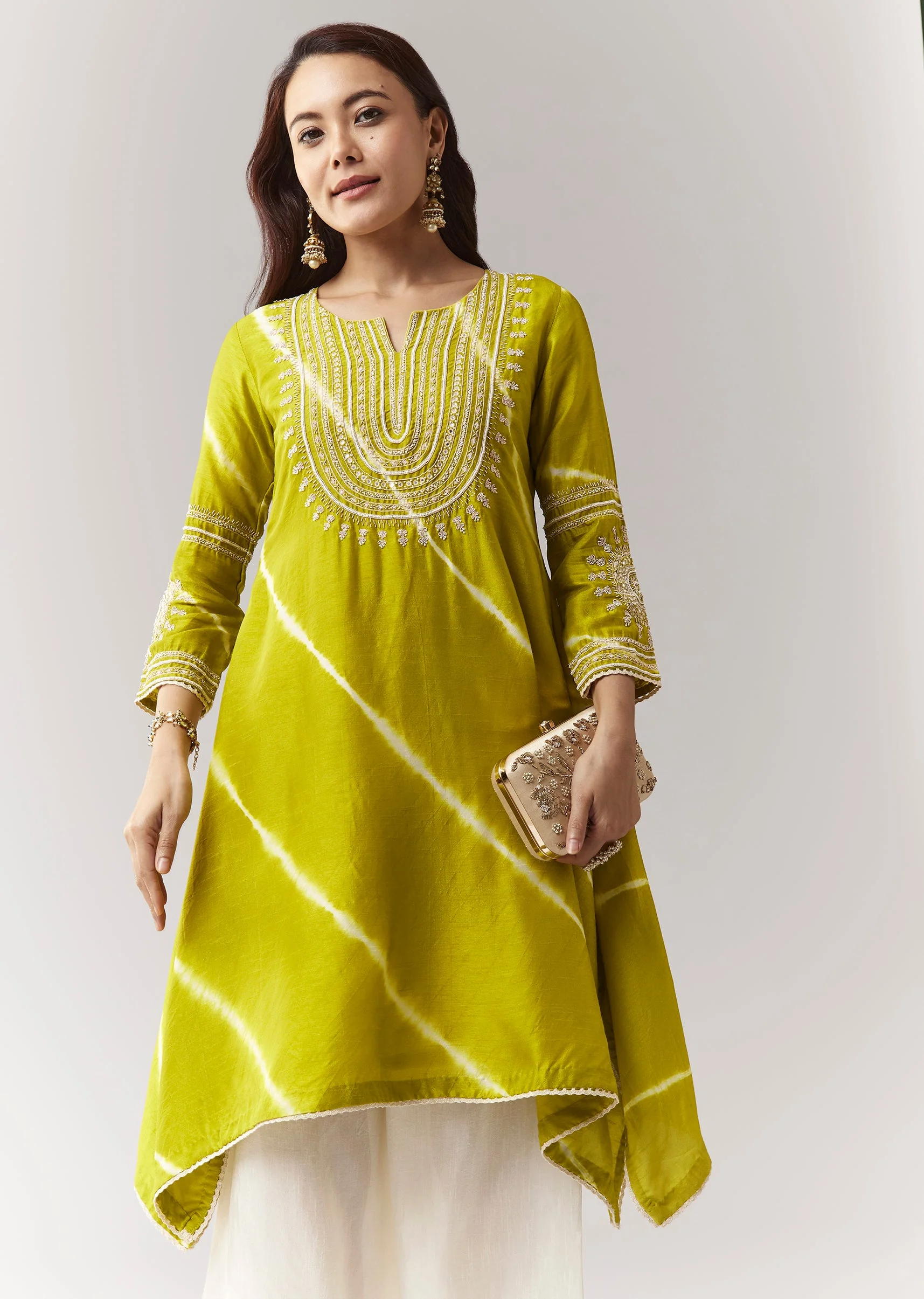 Lime Green Zardosi Kurta Straight Pant Coord With Leheriya Border - Image 4