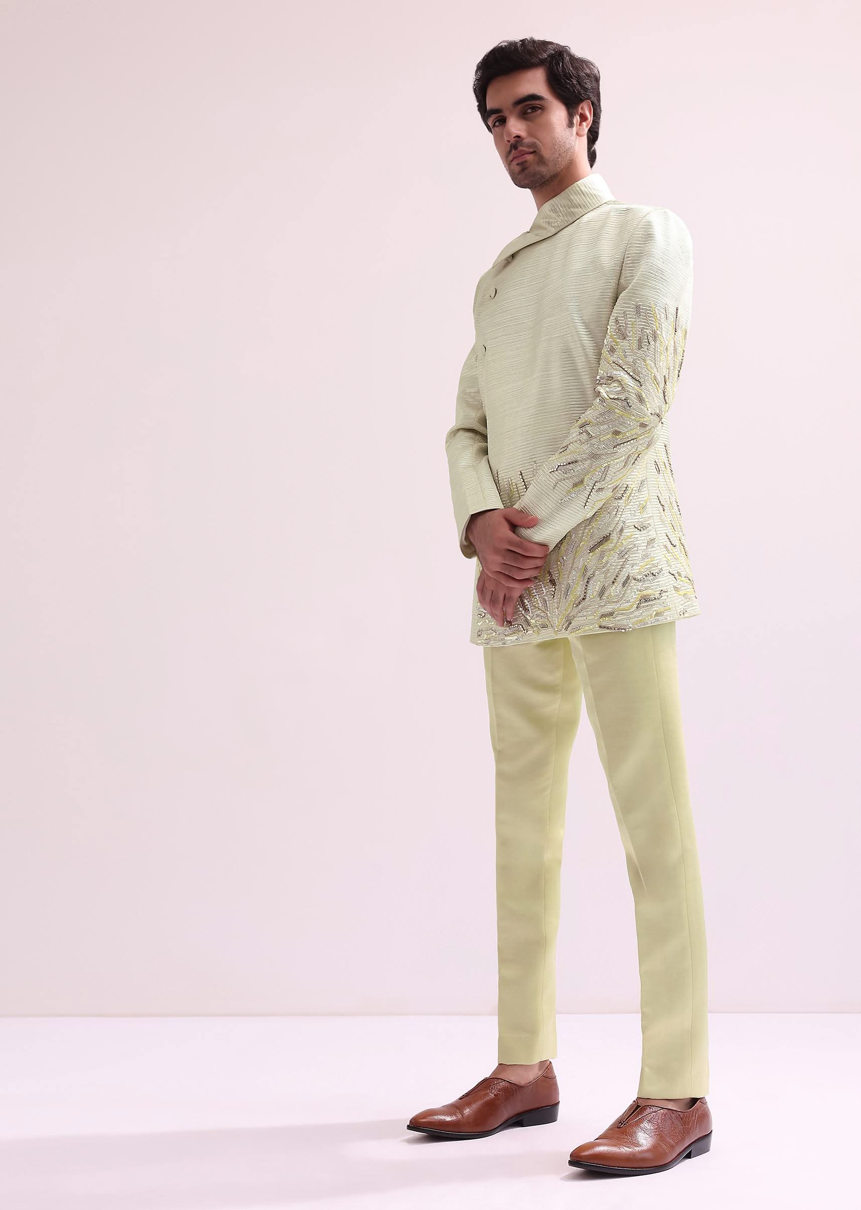 Lime Stylized Collar Pre Pleated Bandhgala With Pants - Image 3