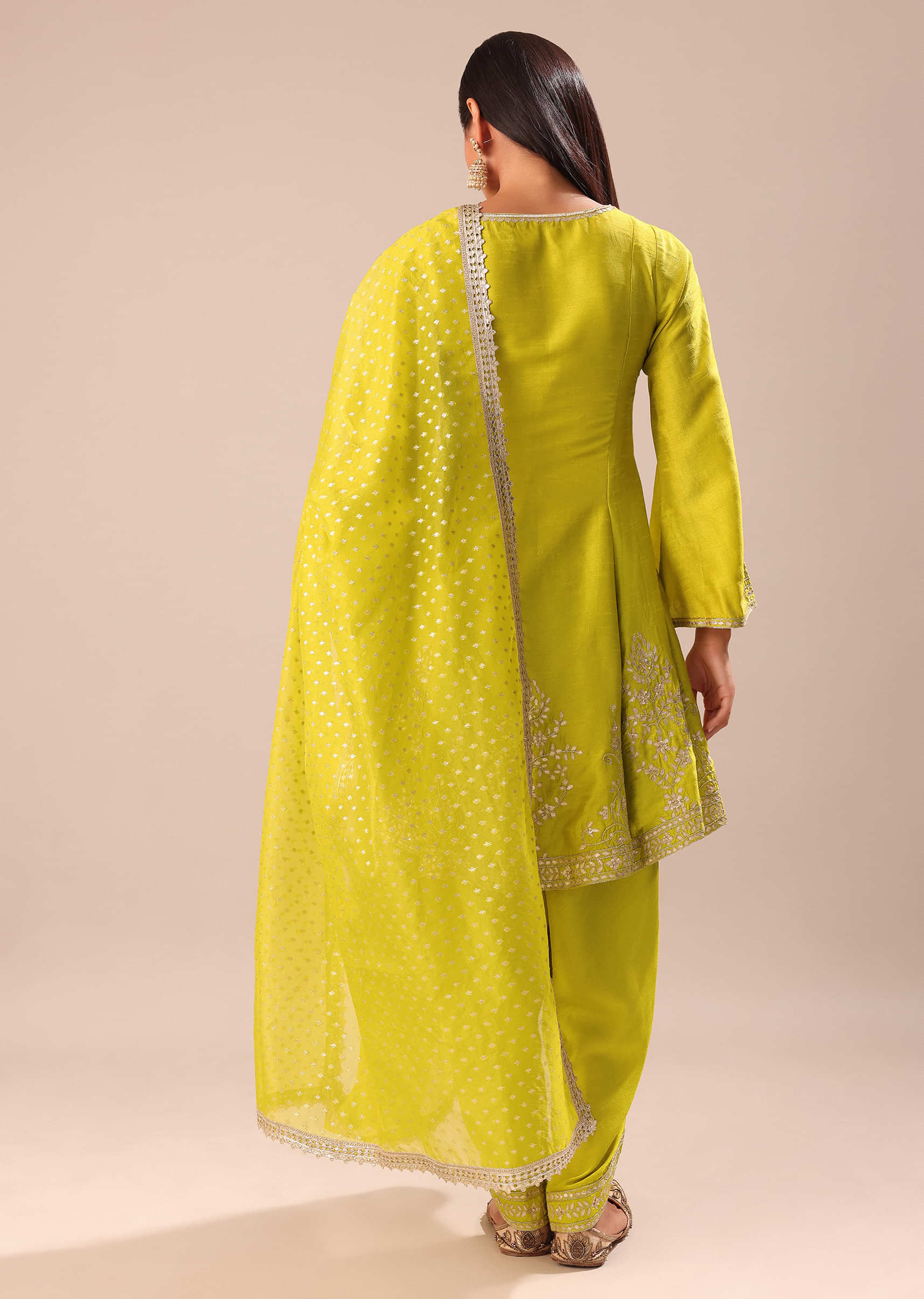 Lime Yellow Embroidered Kurta With Salwar And Dupatta - Image 5