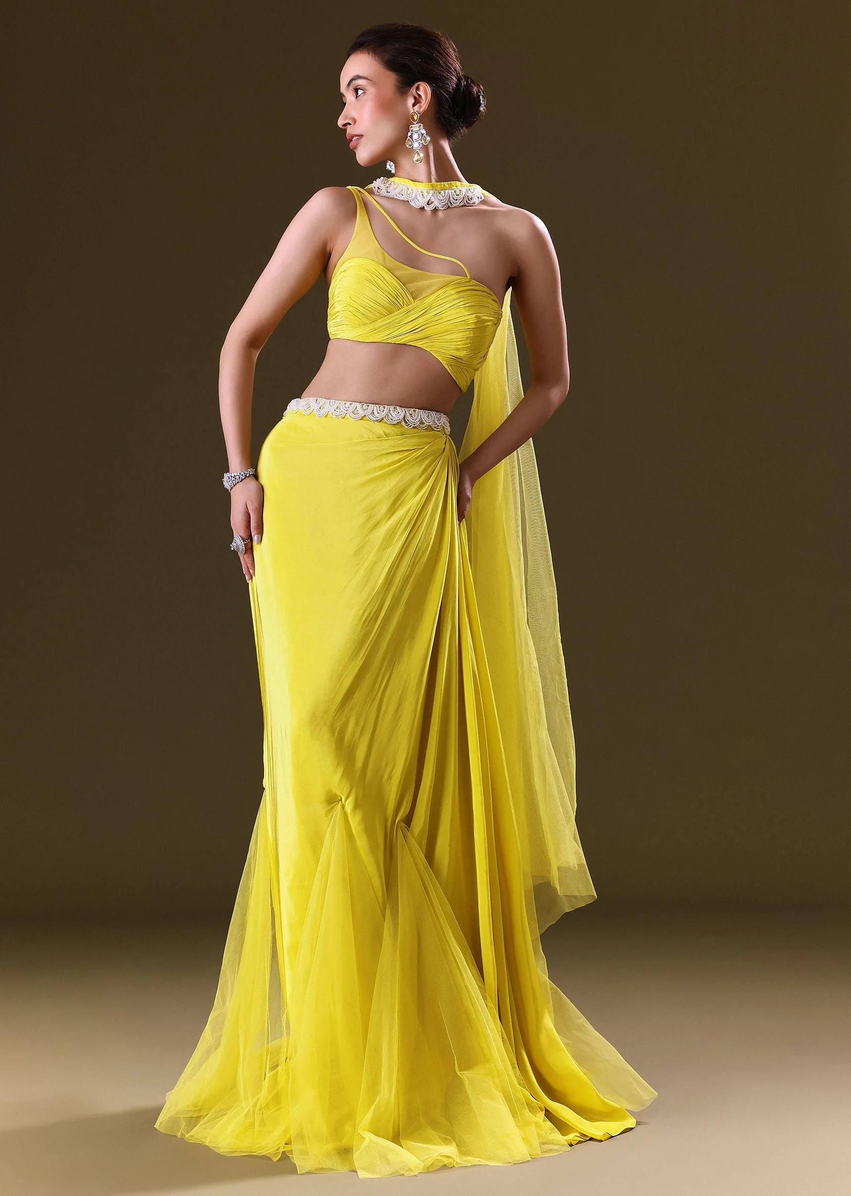 Lime Yellow Fishcut Skirt With One Shoulder Blouse And Tasseled Belt - Image 4