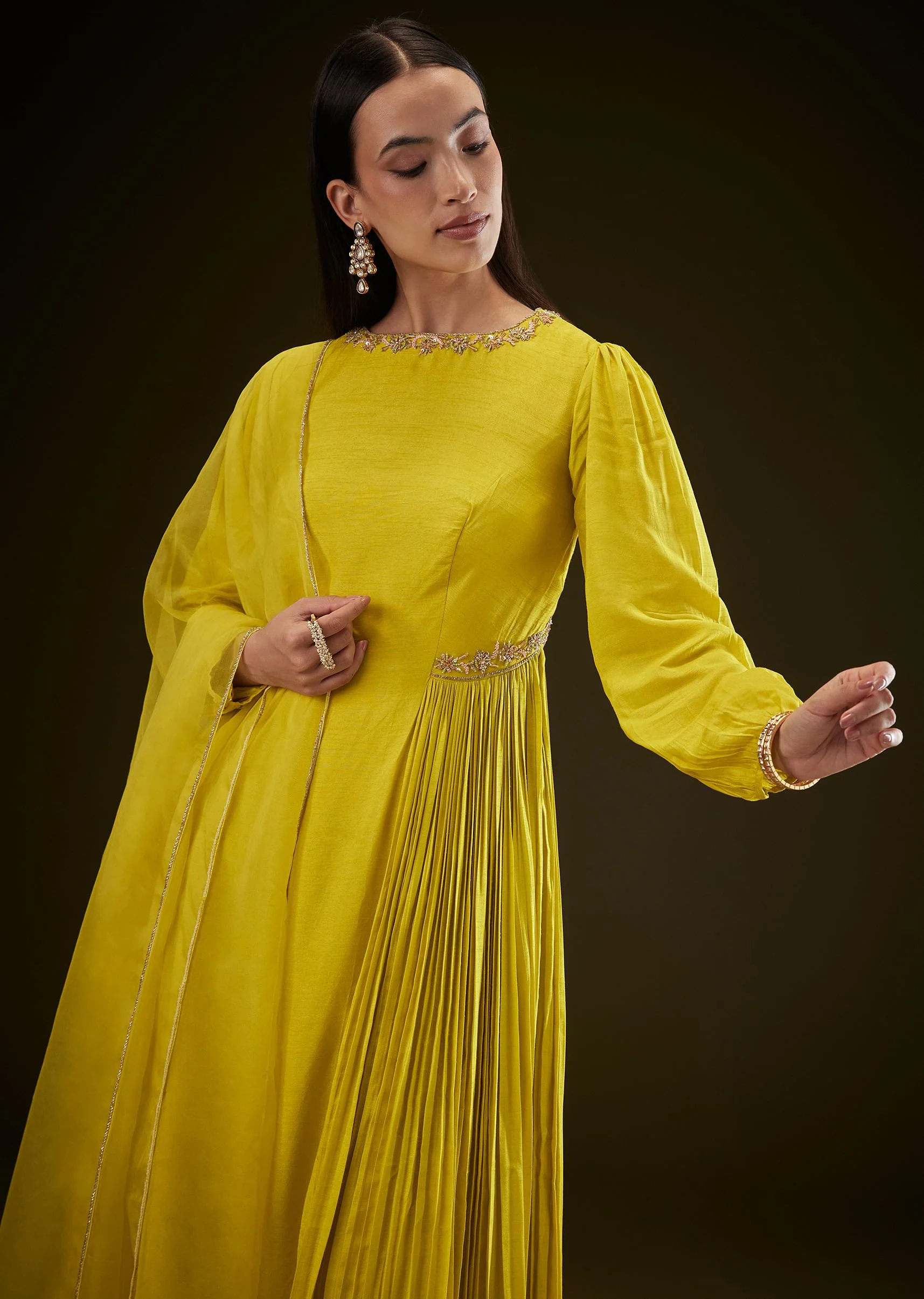 Lime Yellow Kurta With Ruching And Handwork - Image 4