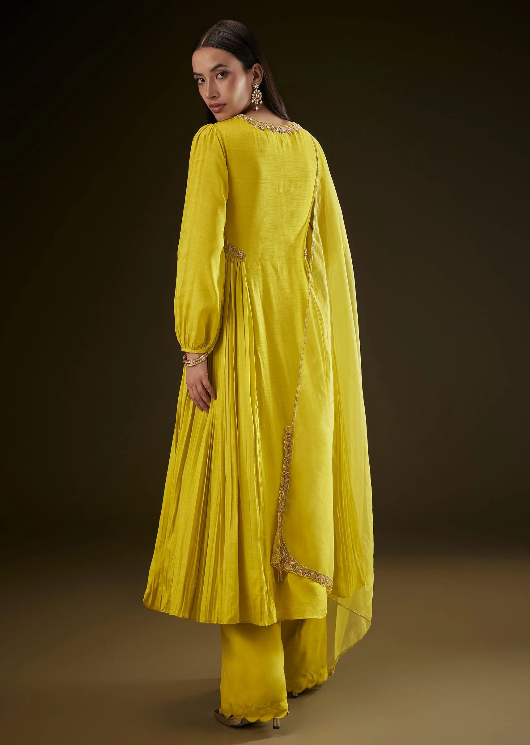 Lime Yellow Kurta With Ruching And Handwork - Image 5
