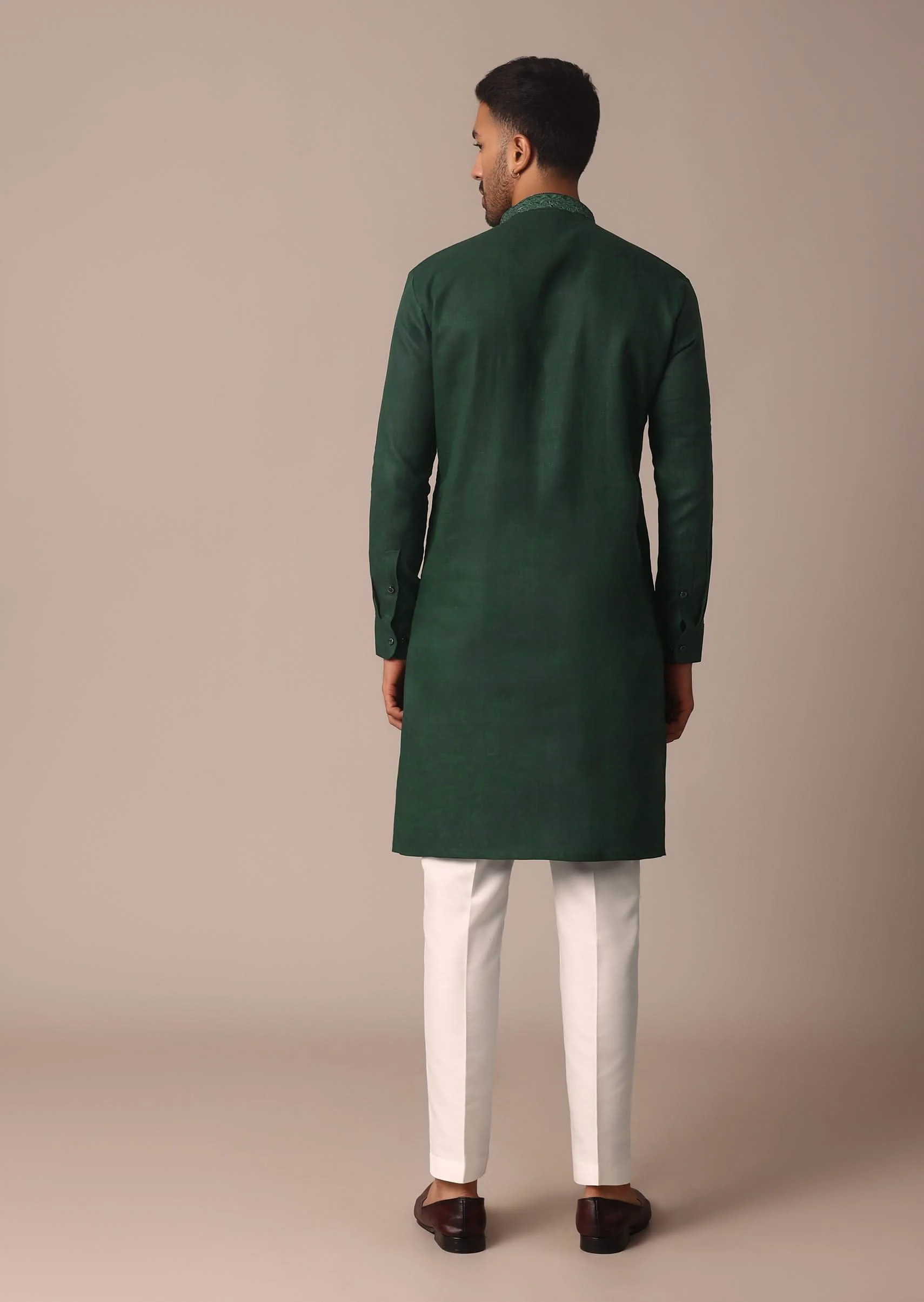 Lush Green Linen Kurta With Intricate Yoke Work - Image 5