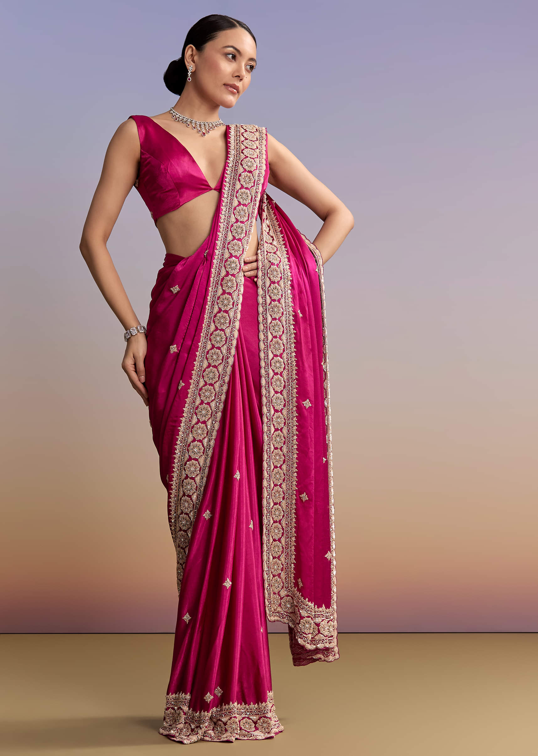 Magenta Pink Satin Saree With Floral Embroidered Border - Image 10