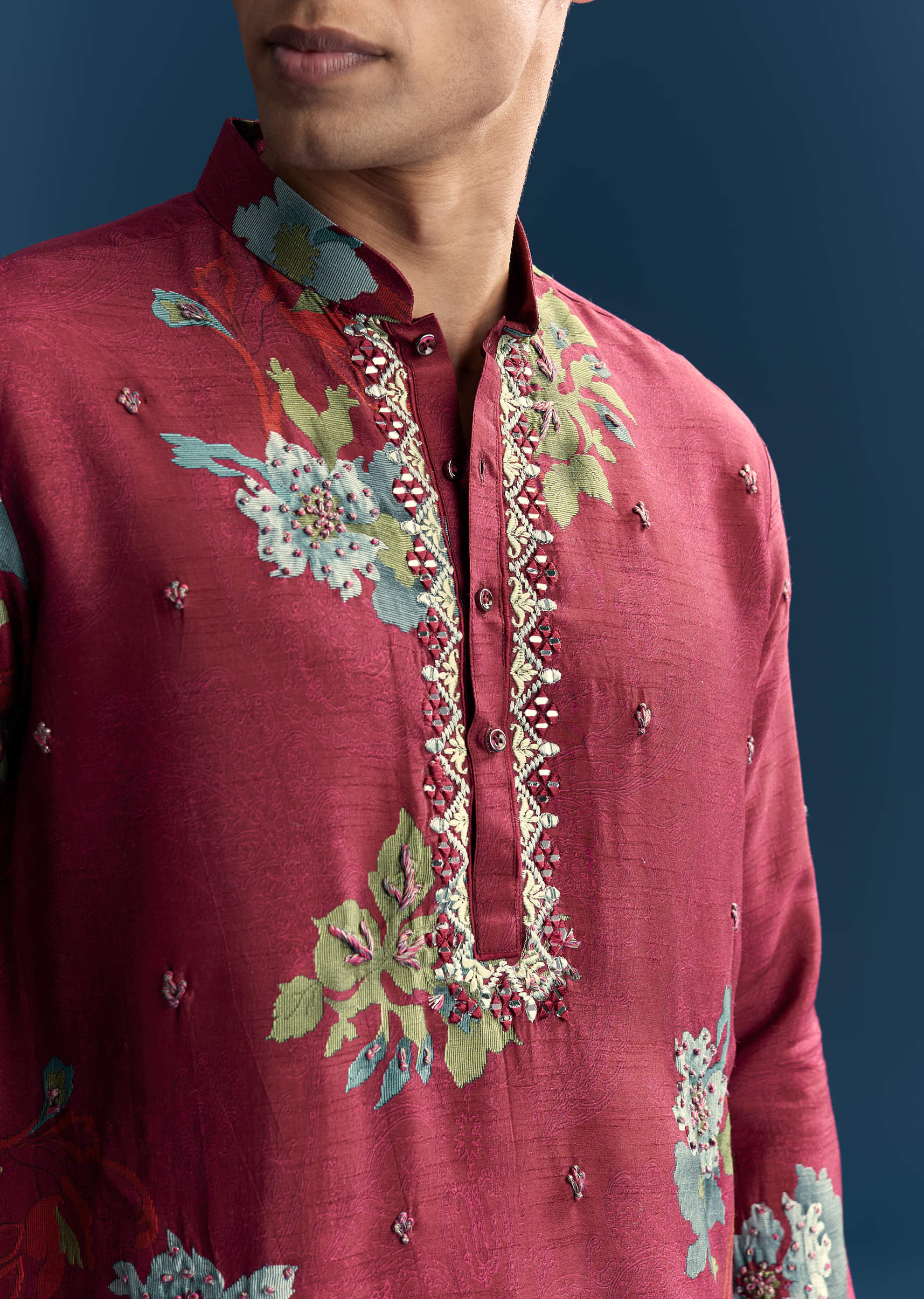 Magenta Silk Kurta Set For Men With Heavy Hand Work - Image 2