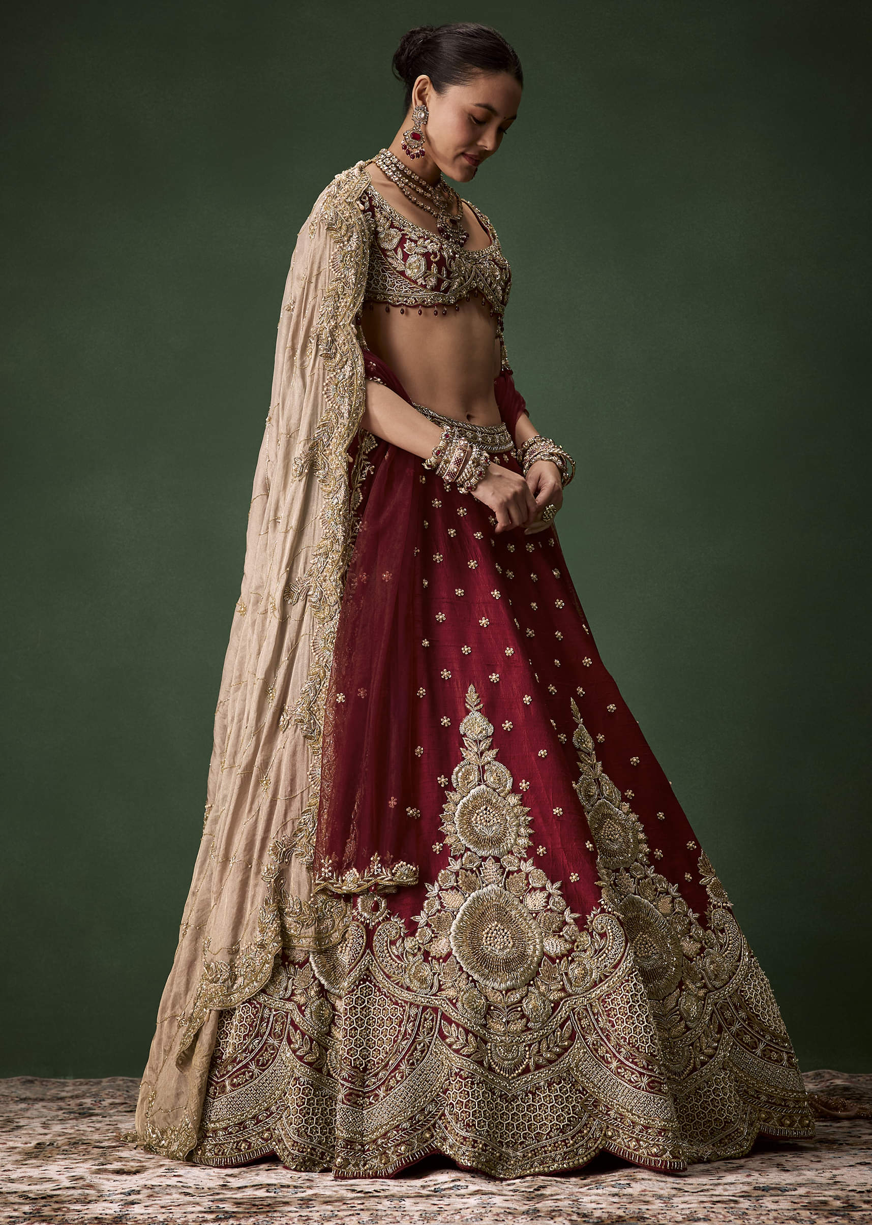 Maroon Bridal Patchwork Silk Lehenga Set with  Two Dupattas - Image 4