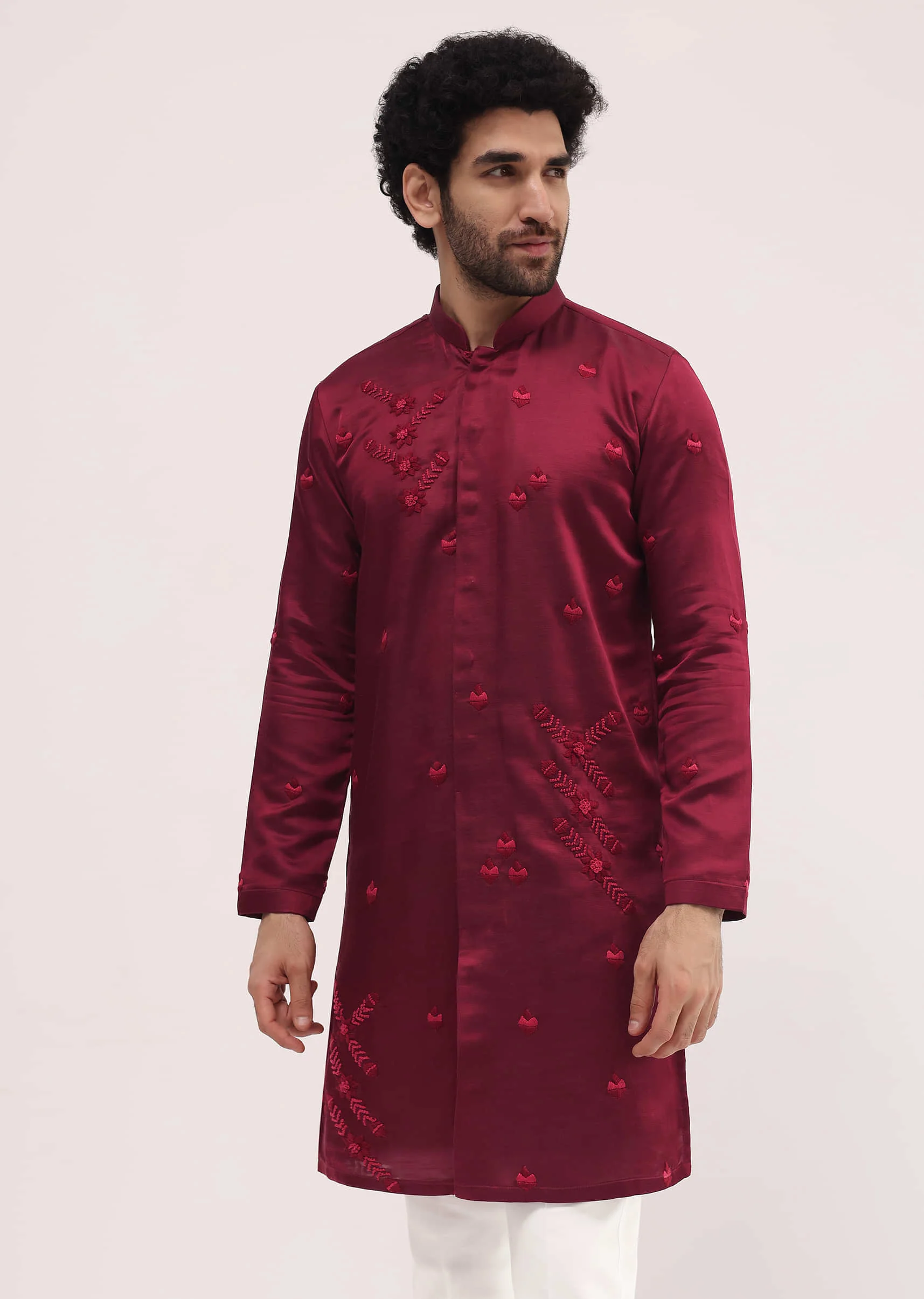 Maroon Bud Embroidered Silk Kurta Set For Men - Image 3