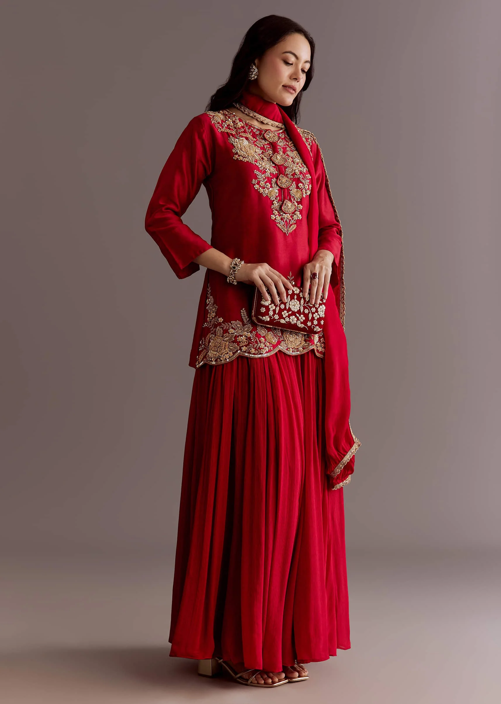 Maroon Chinon Sequin Gota Lace Kurta Skirt Set With Dupatta - Image 4