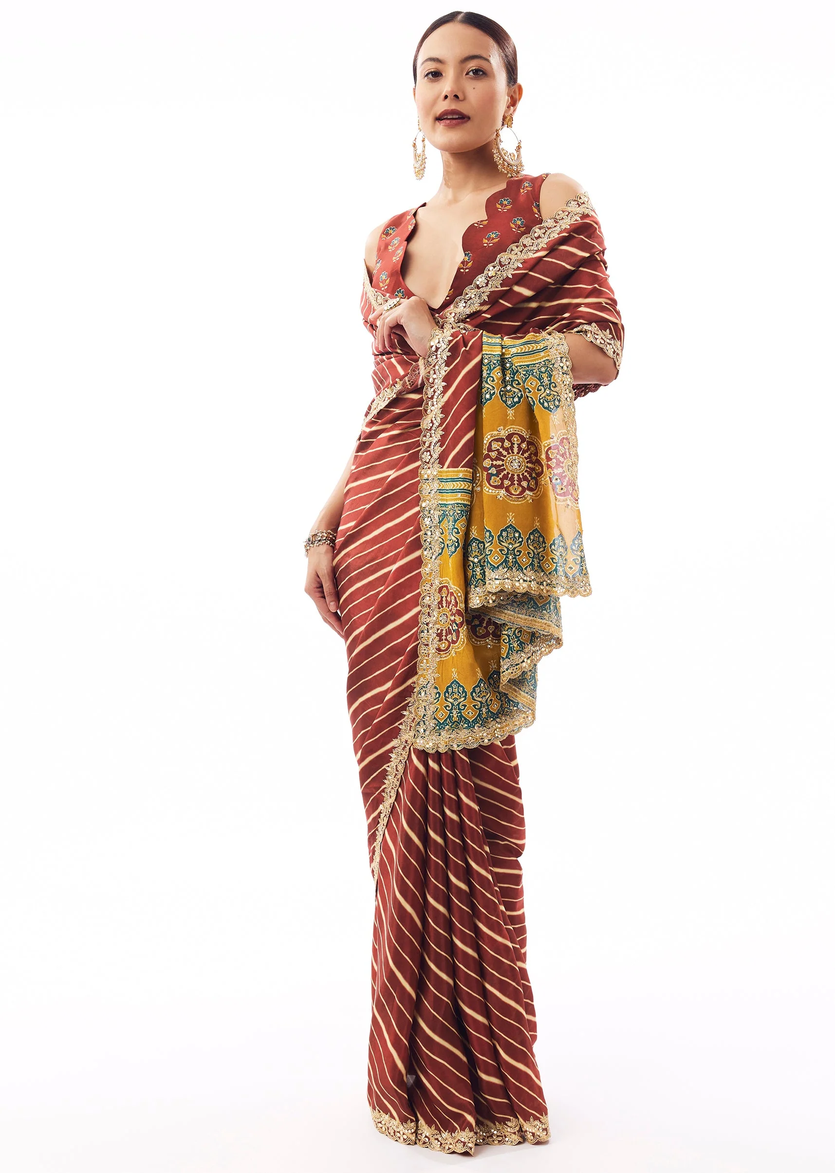 Maroon Lehariya Crepe Saree With Gotta Work - Image 3