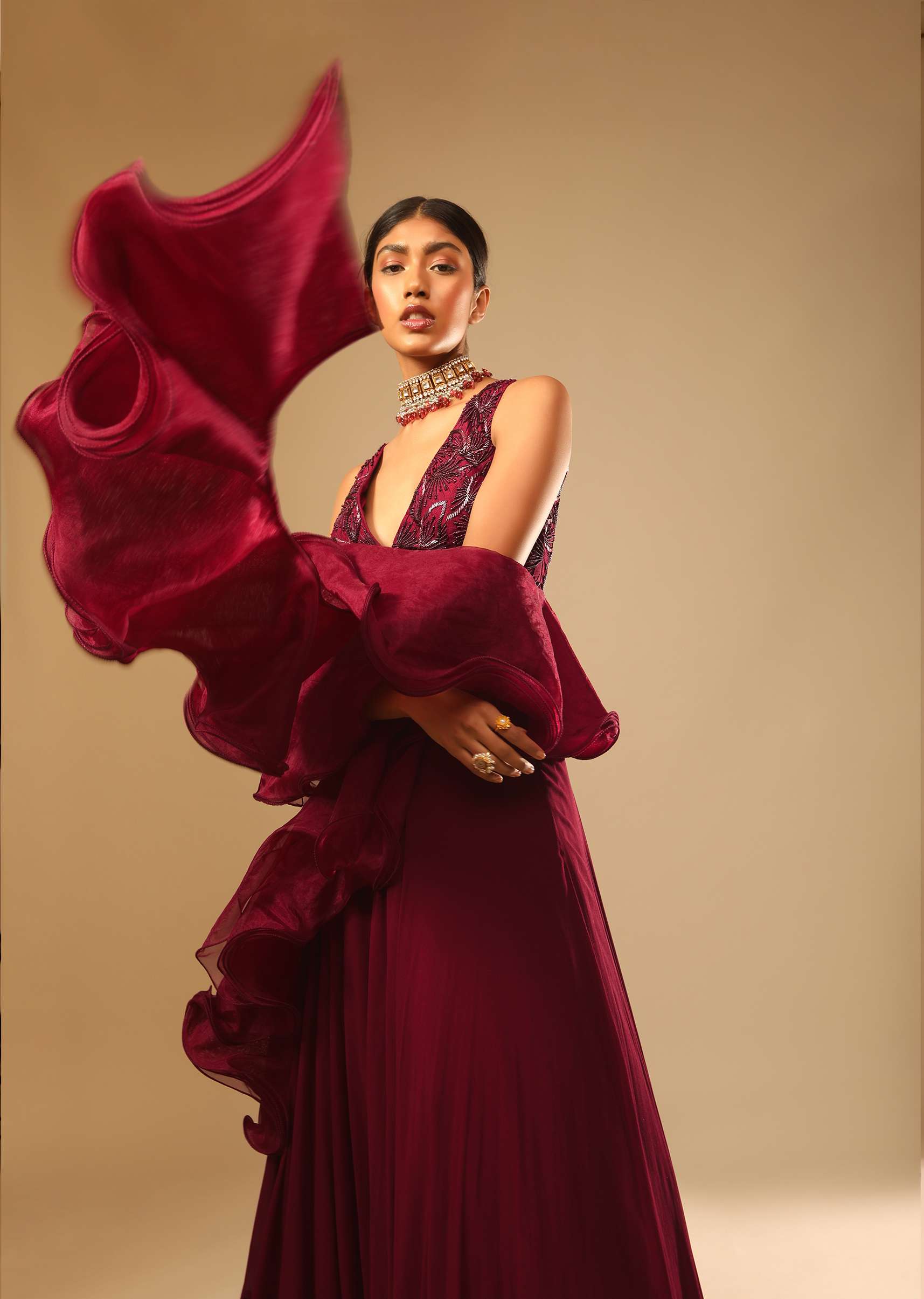 Maroon Lehenga And Crop Top With Hand Embroidered Leaf Motifs And A Ruffle Dupatta - Image 2