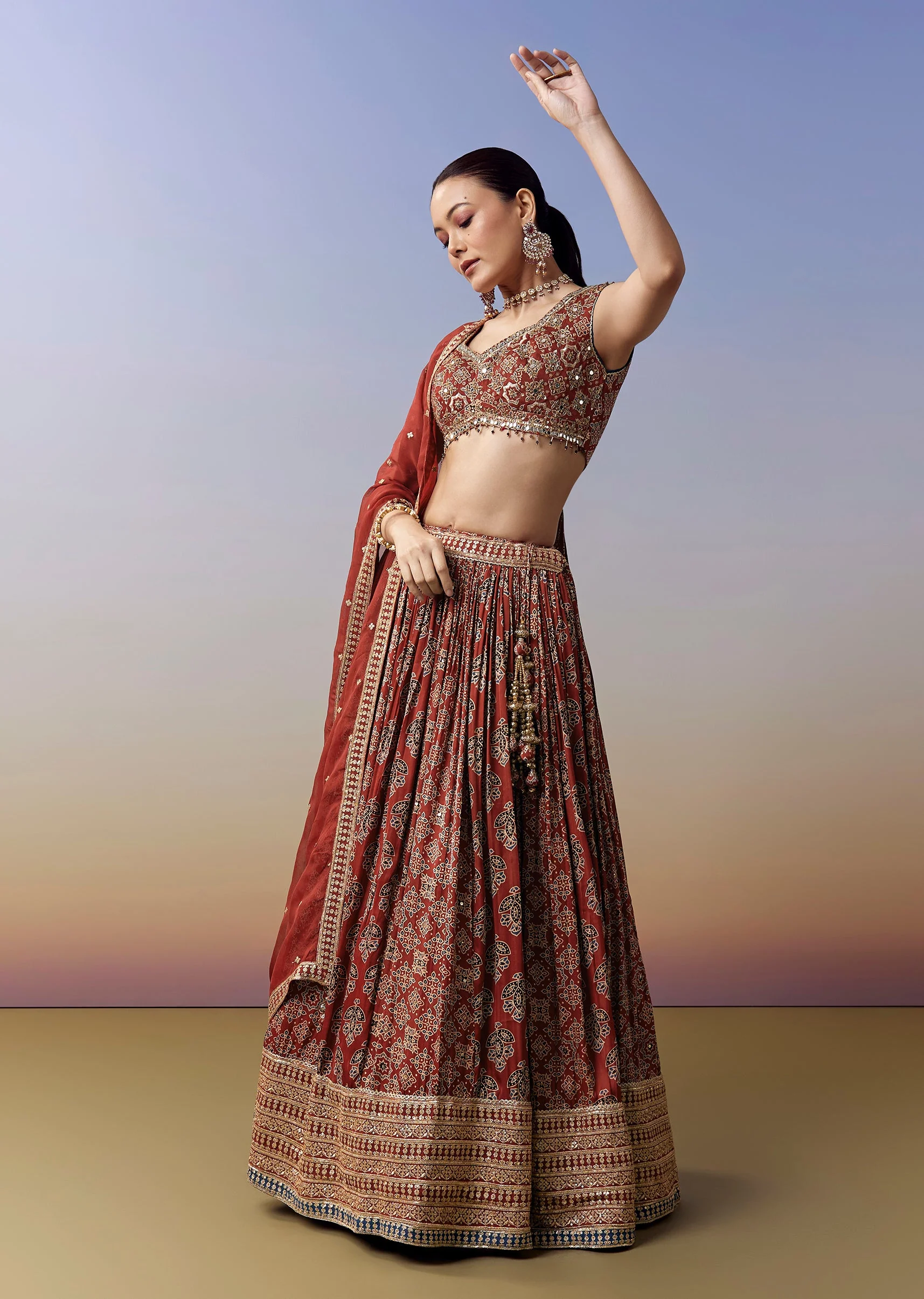 Maroon Lehenga With Ajrakh Print And Mirror Cut Dana Sequins Work - Image 3