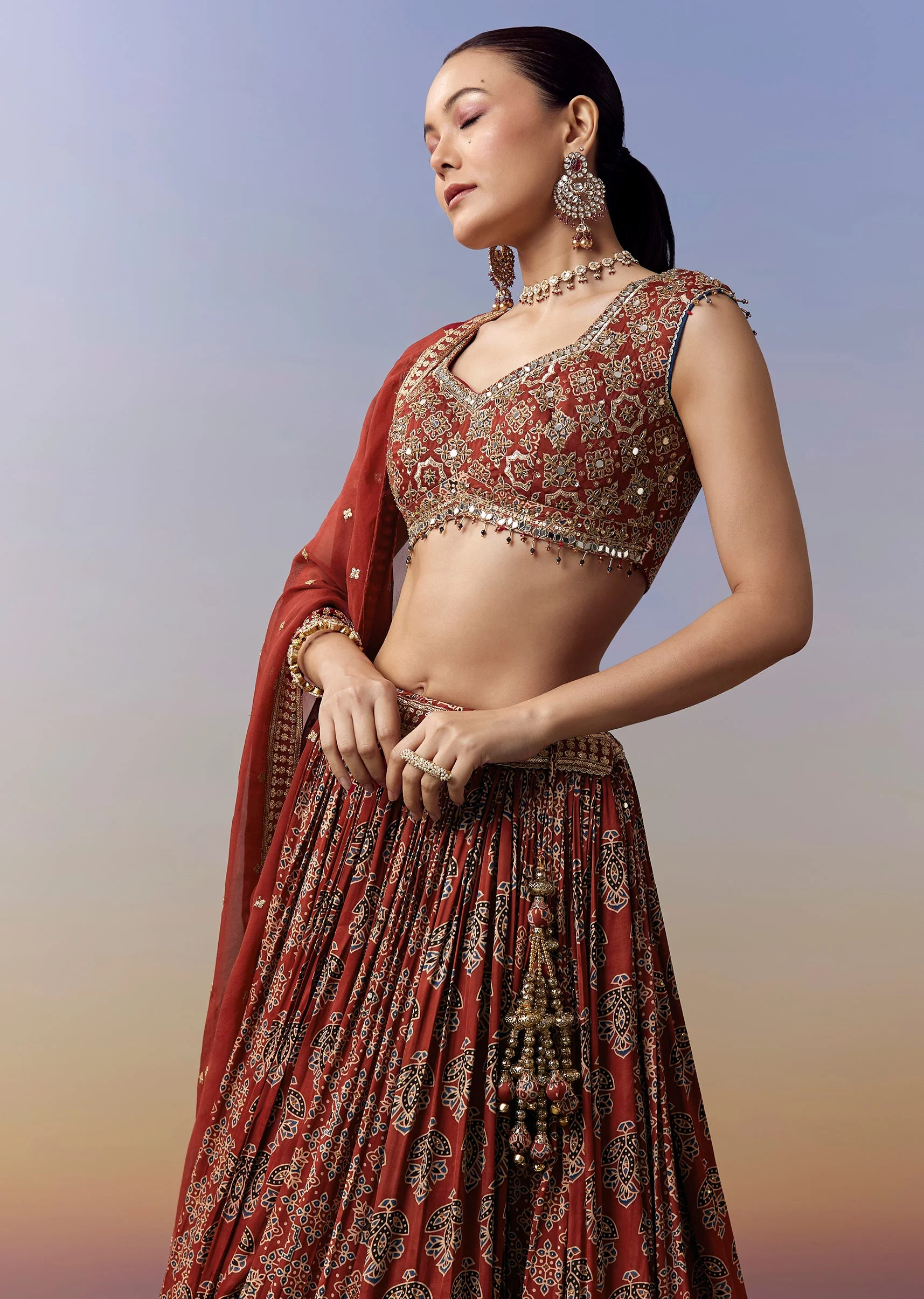 Maroon Lehenga With Ajrakh Print And Mirror Cut Dana Sequins Work - Image 4