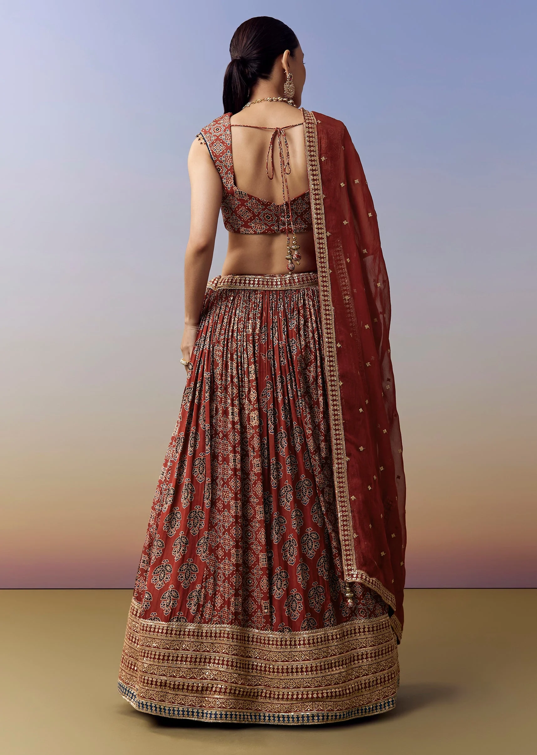 Maroon Lehenga With Ajrakh Print And Mirror Cut Dana Sequins Work - Image 5