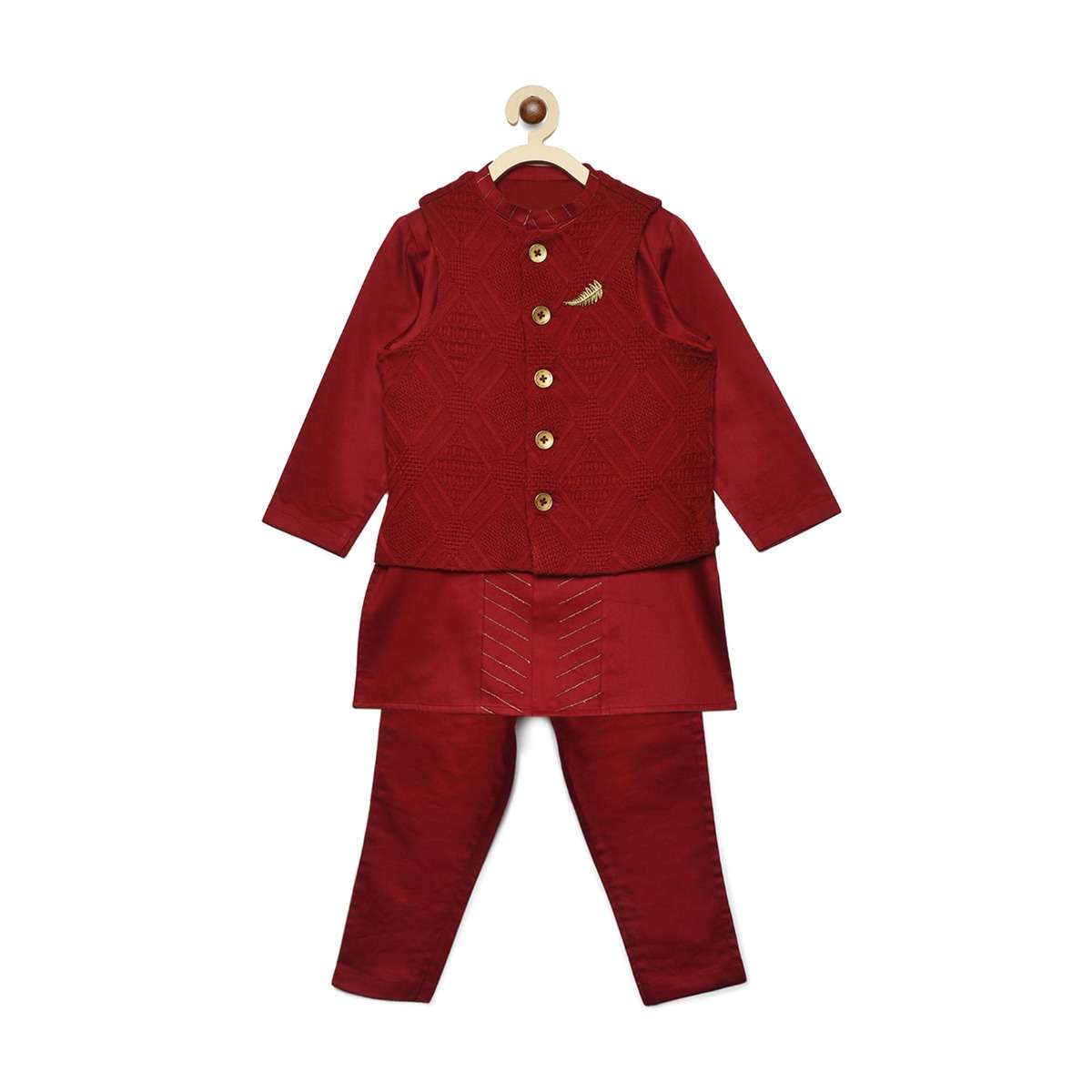 Maroon Monotone Kurta Set With Zari Embroidery And Jacquard Bundi By Tiber Taber - Image 2