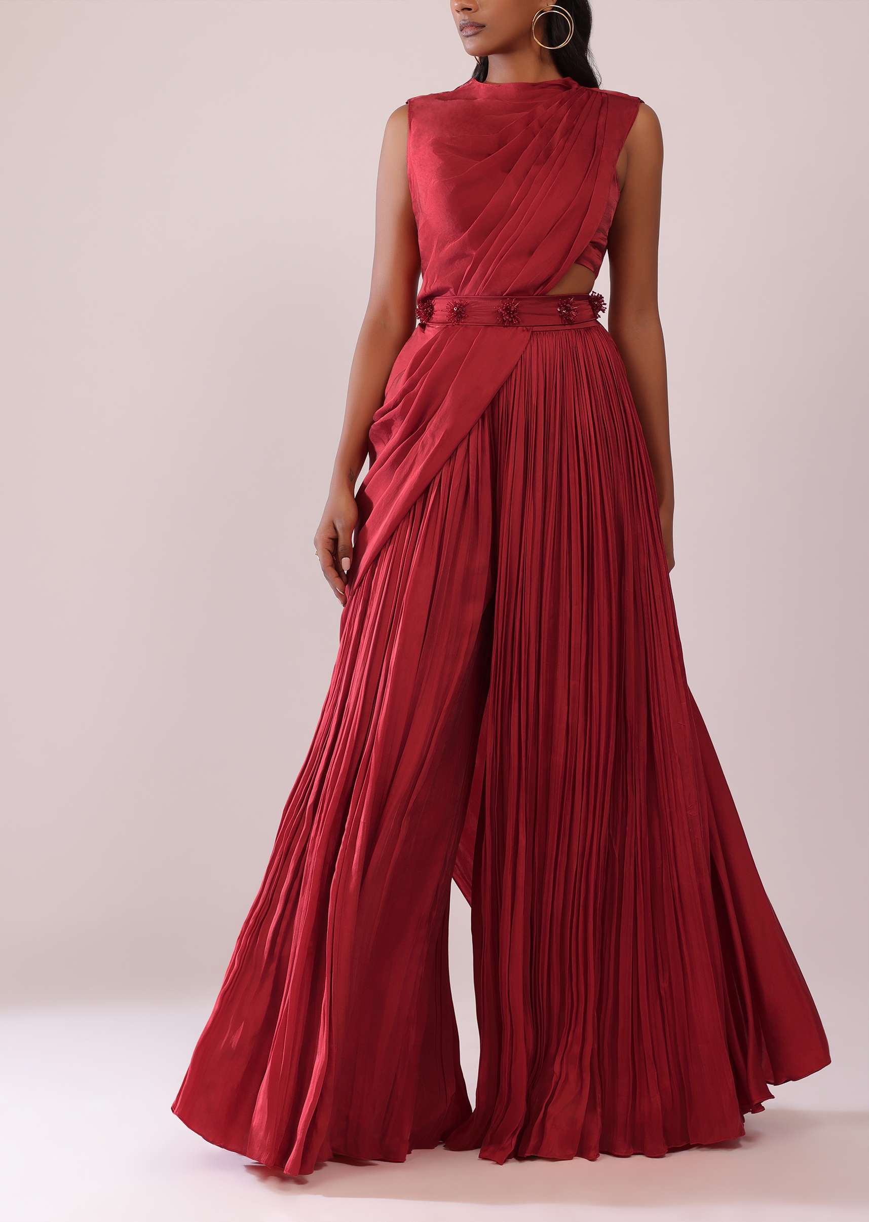 Maroon Red Satin Rushing Palazzo And Bustier Set With Draped Cape - Image 4
