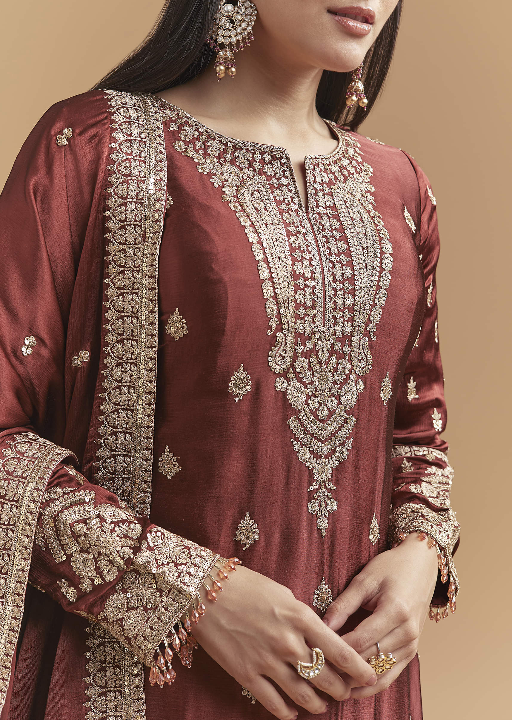 Maroon Satin Palazzo Suit With Heavy Zari Work - Image 2