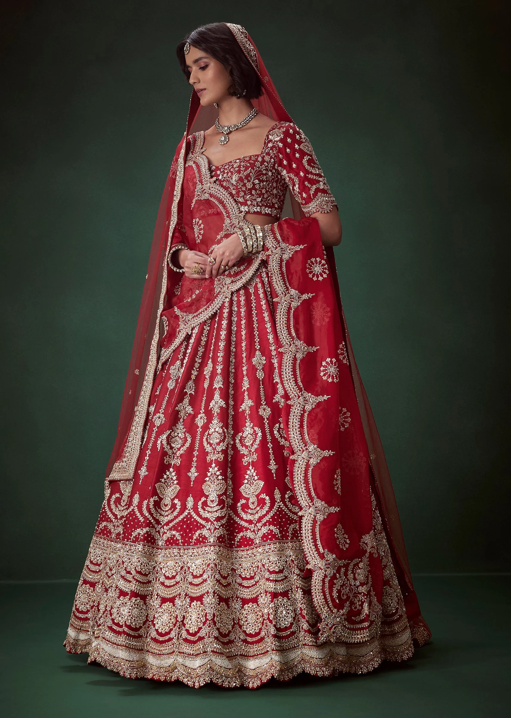 Maroon Silk Bridal Lehenga Set with Two Duapattas - Image 4