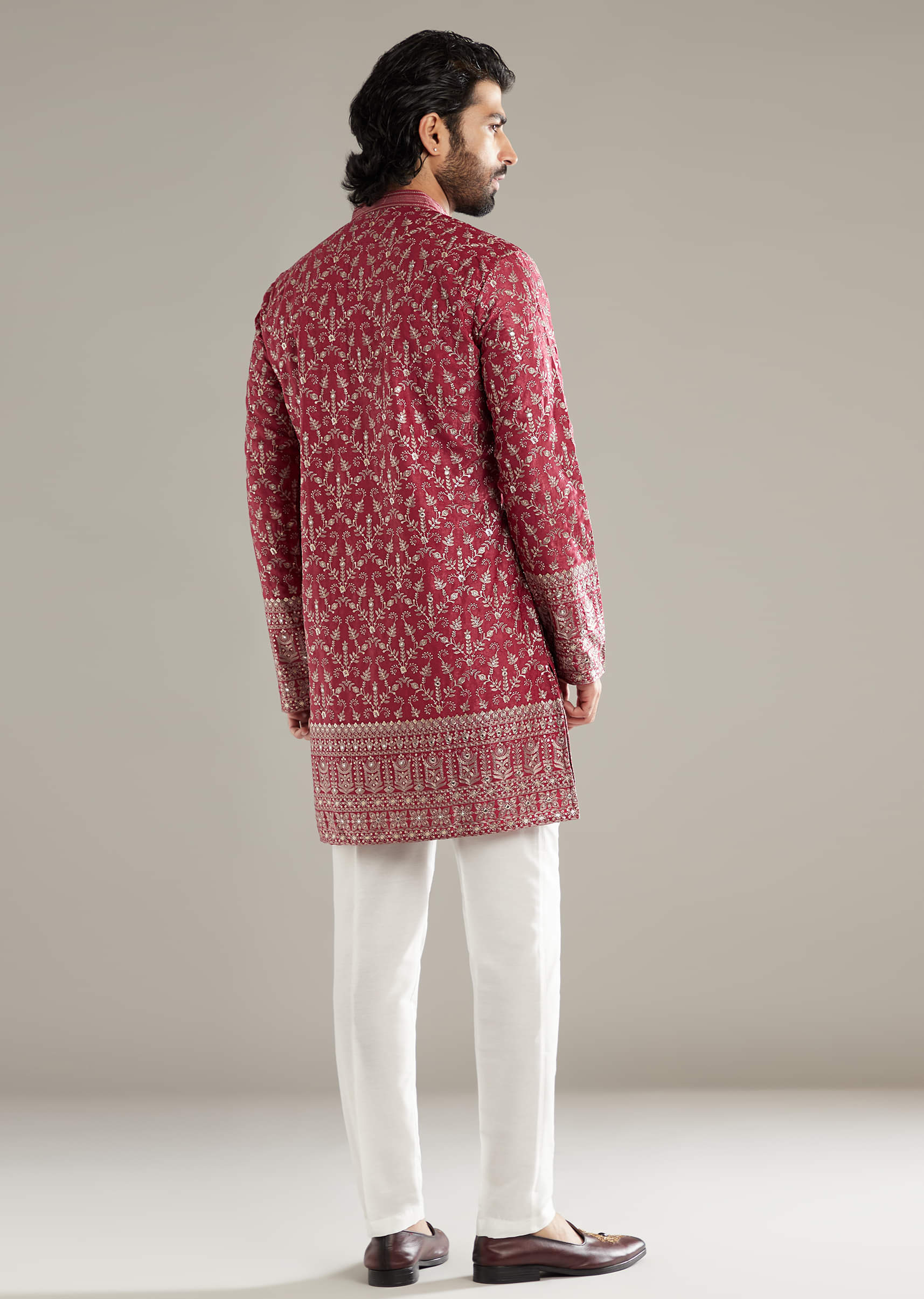 Maroon Silk Kurta Set For Men With Sequins And Resham Embroidery - Image 3