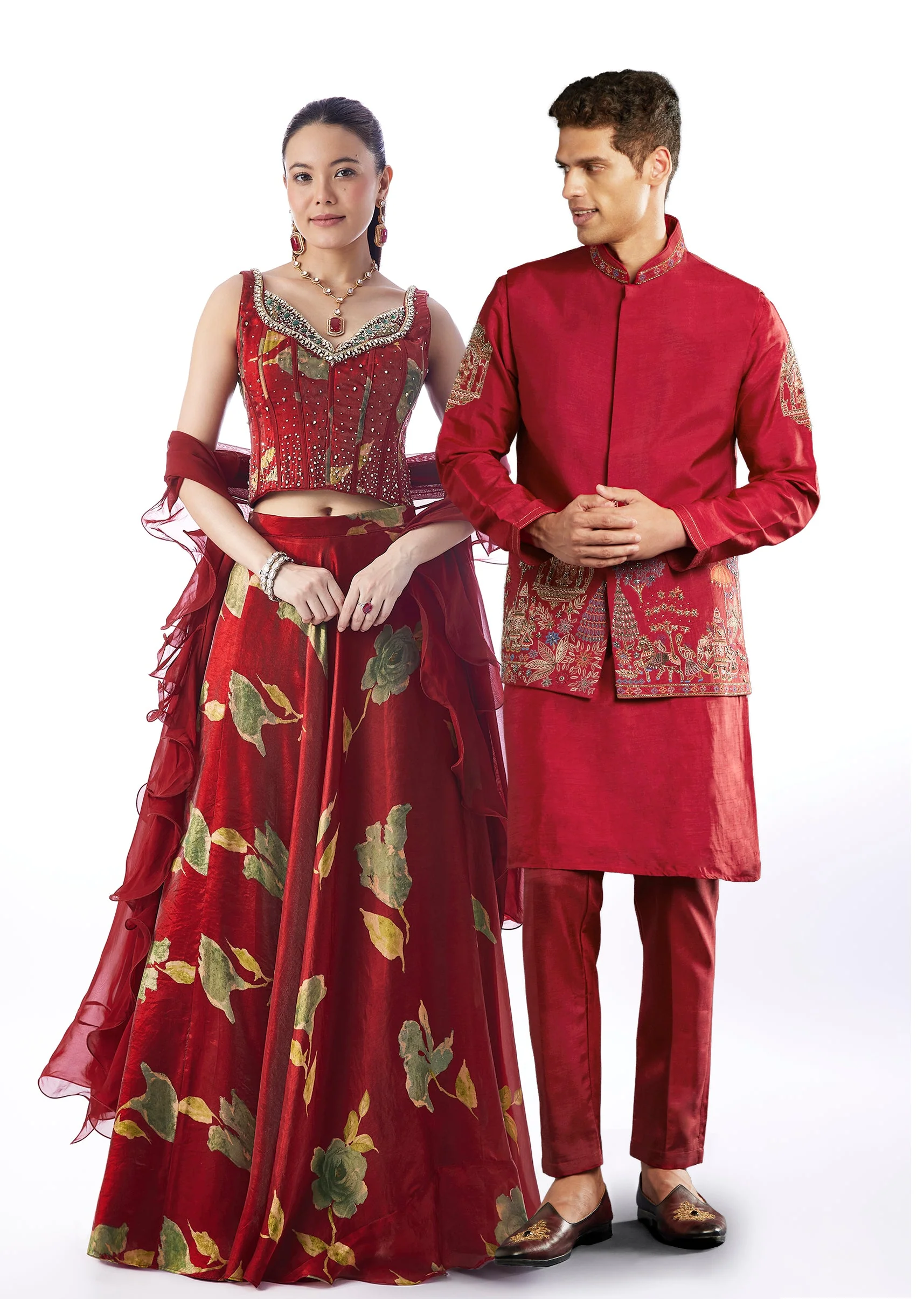 Maroon Statement Duo – Lehenga For Her And Jacket Kurta Set For Him