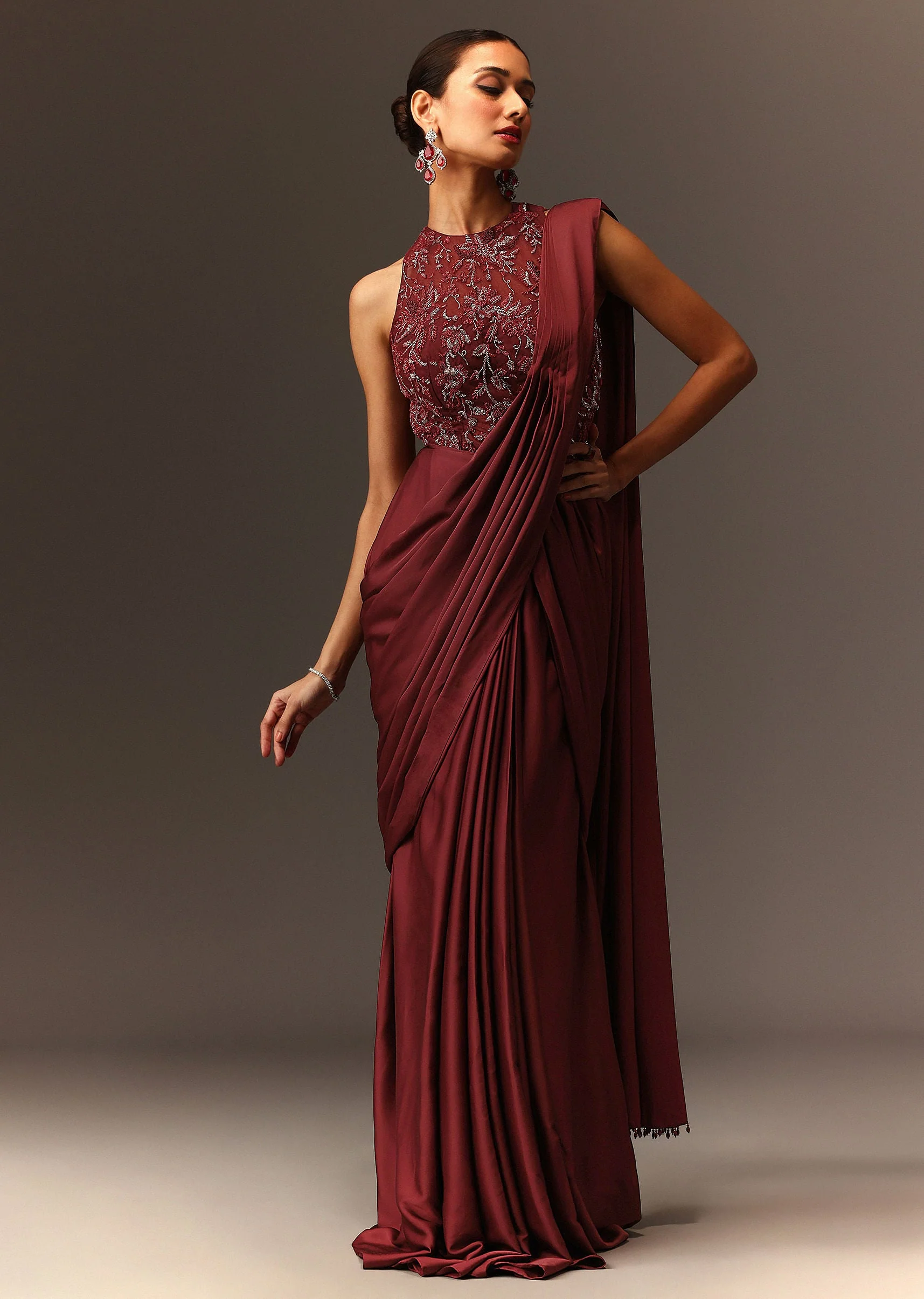 Masala Maroon Net Satin Draped Saree With Hand Embroidered Blouse - Image 3