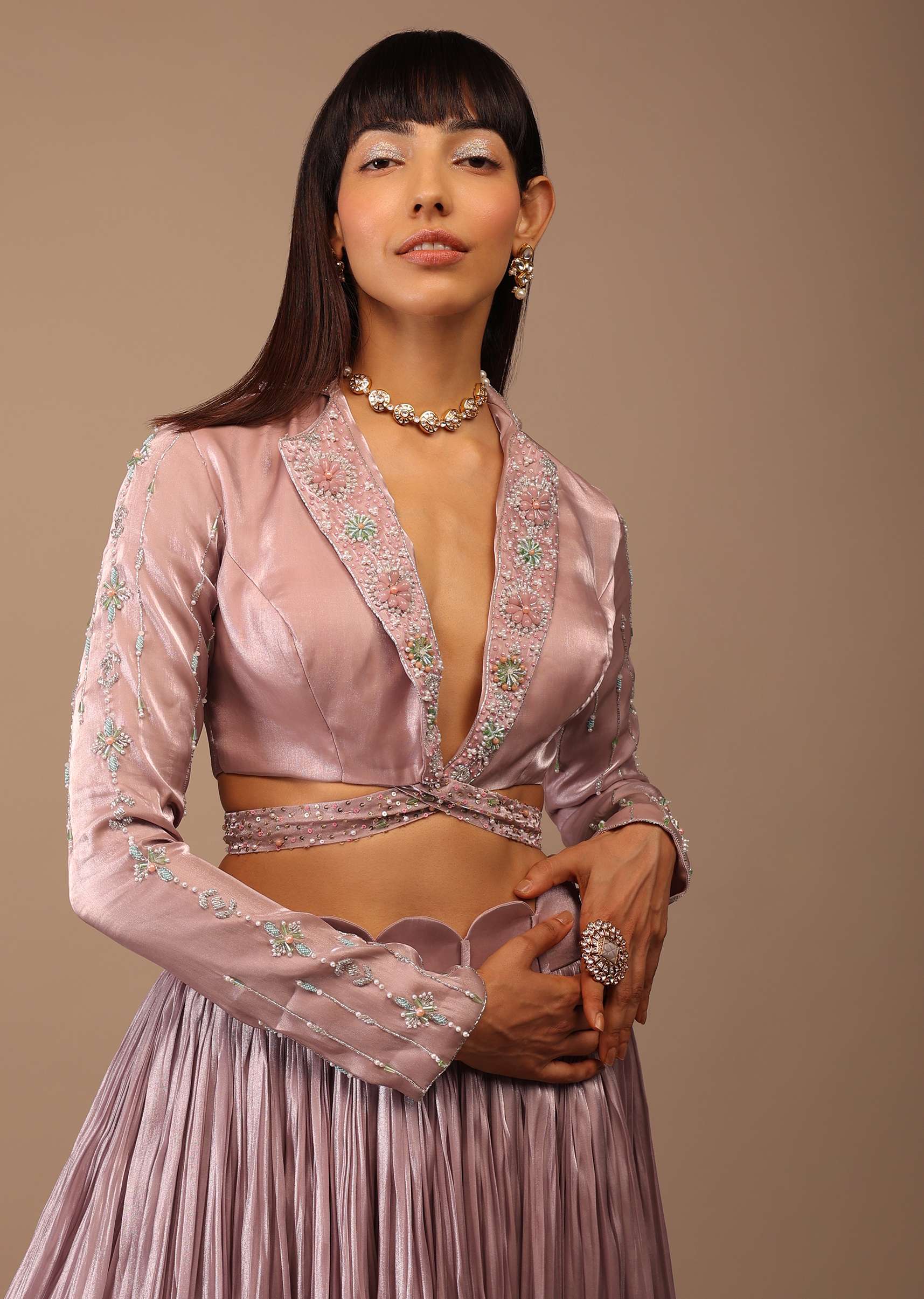 Powder Pink Two-Toned Layered Skirt With Hand Embroidered Tie -Up Crop-Top - Image 6