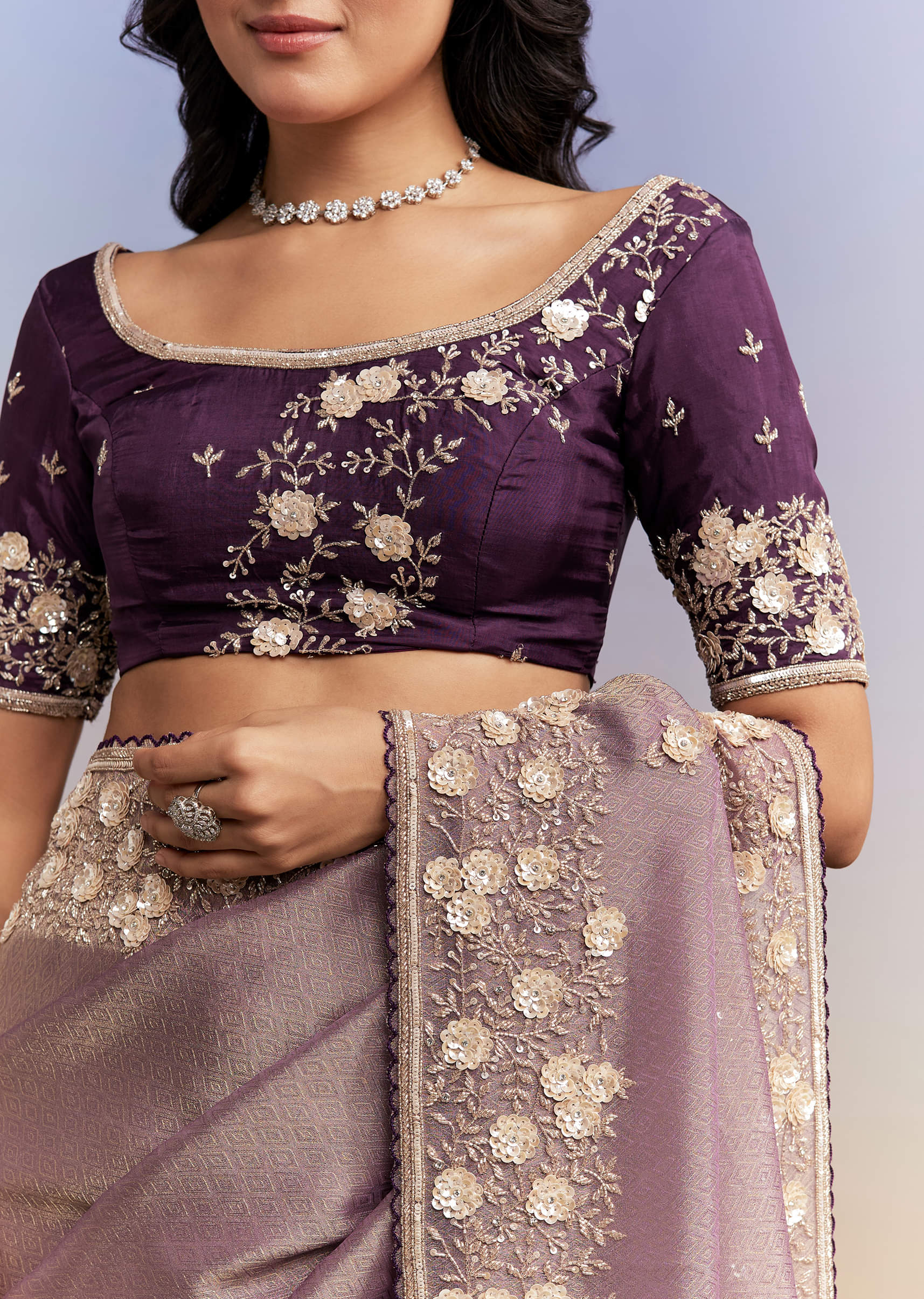 Mauve Purple Jacquard Tissue Saree With Heavy Hand Embroidery - Image 2