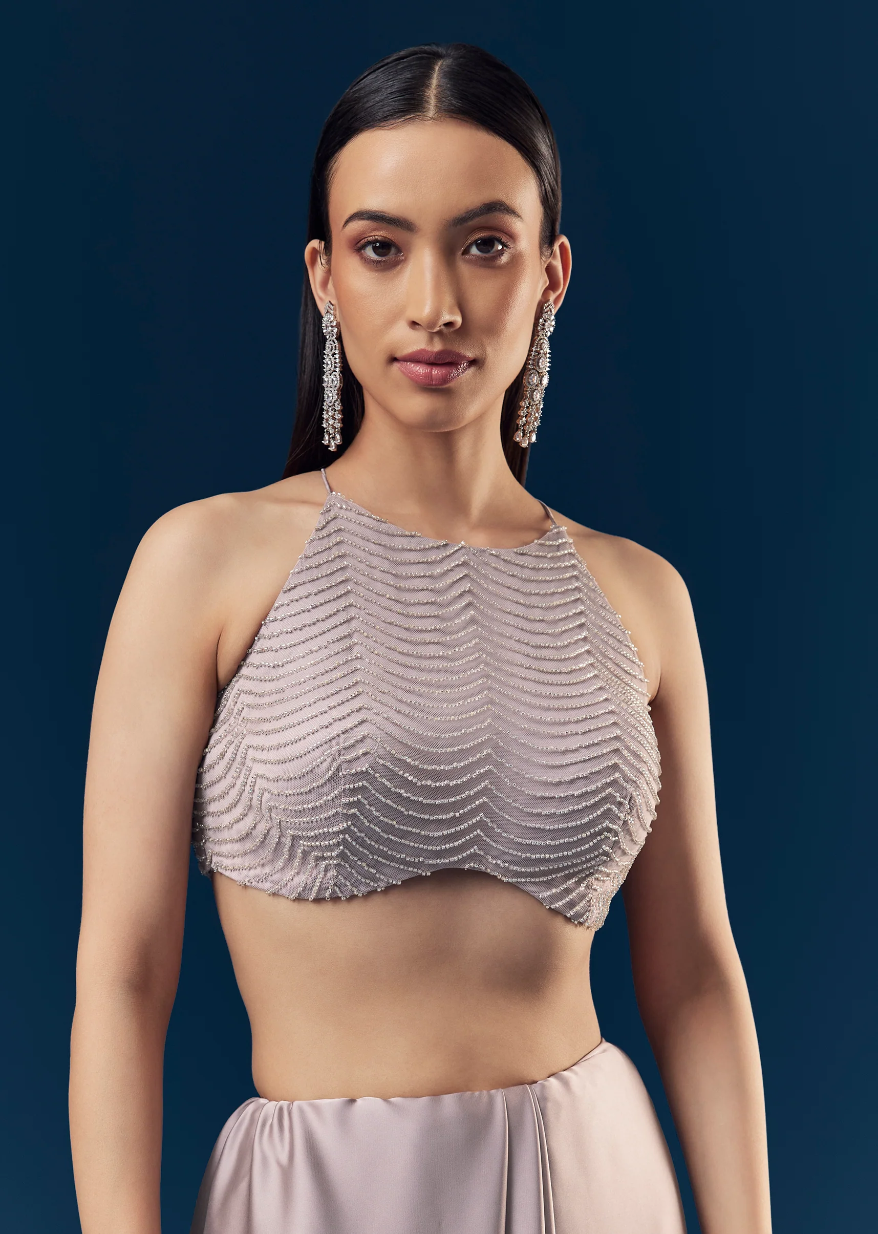 Mauve Satin Plain Saree With Cut Dana Embellished Halter Neck Blouse - Image 7