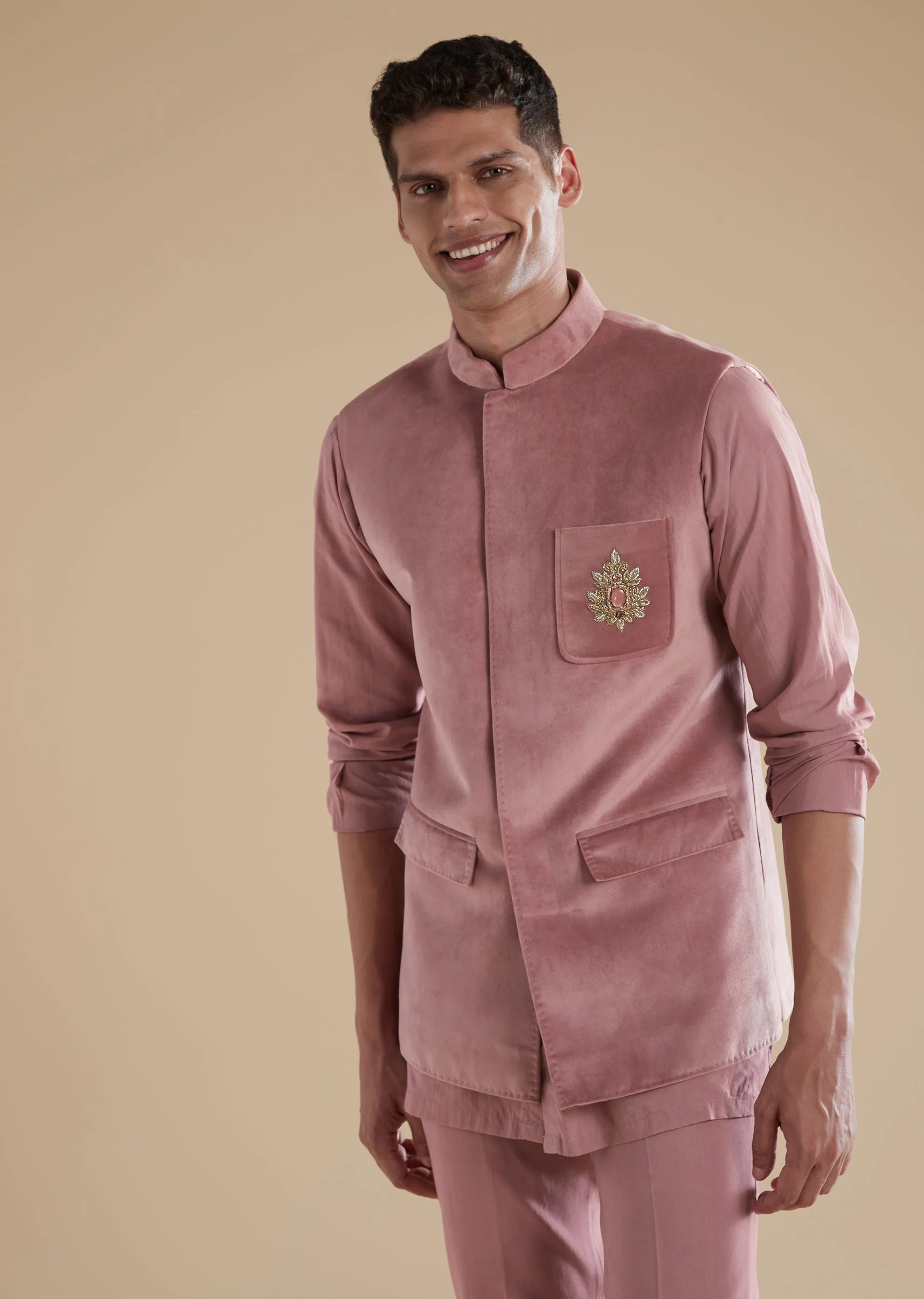 Mauve Suede Jodhpuri Set With Stone Zardosi Work - Image 4