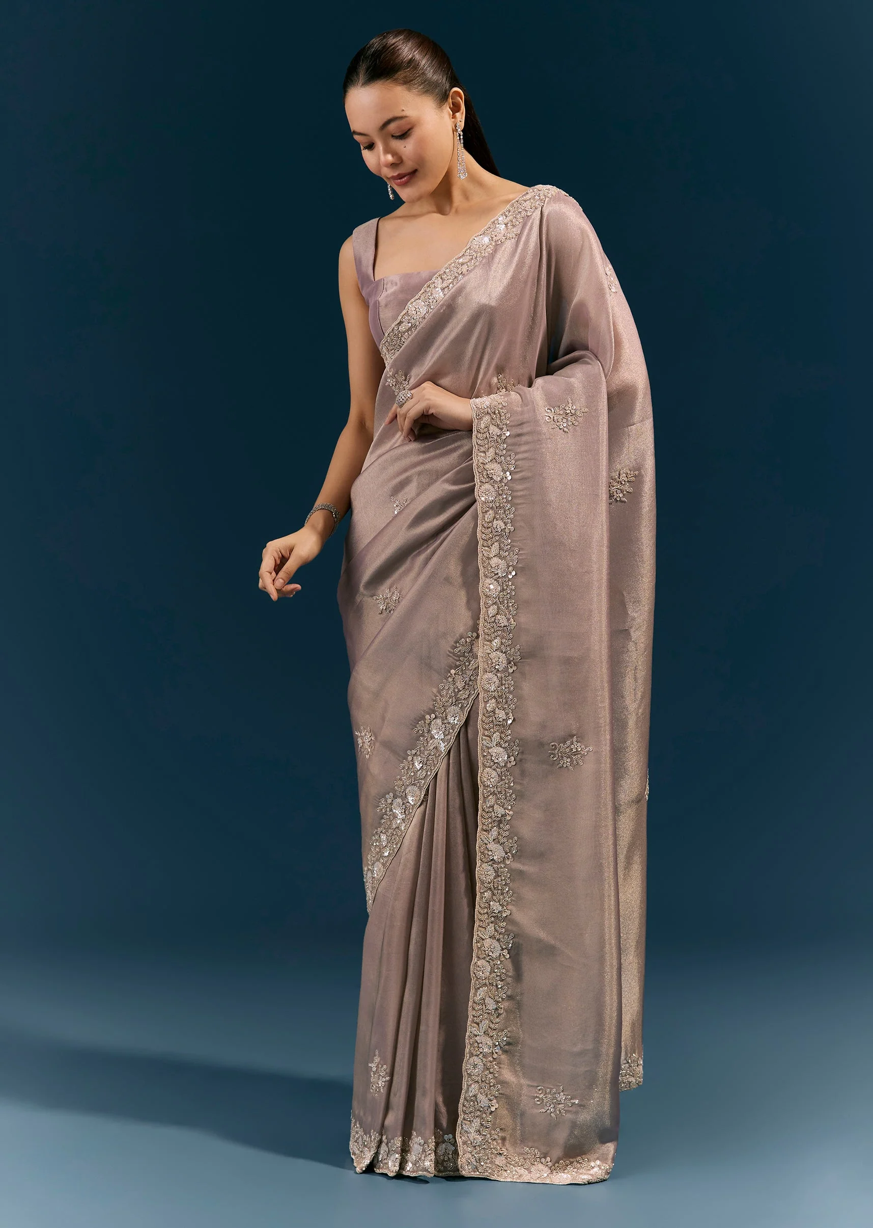 Mauve Tissue Saree With Heavy Floral Cutwork Border And Hand Embroidery - Image 3