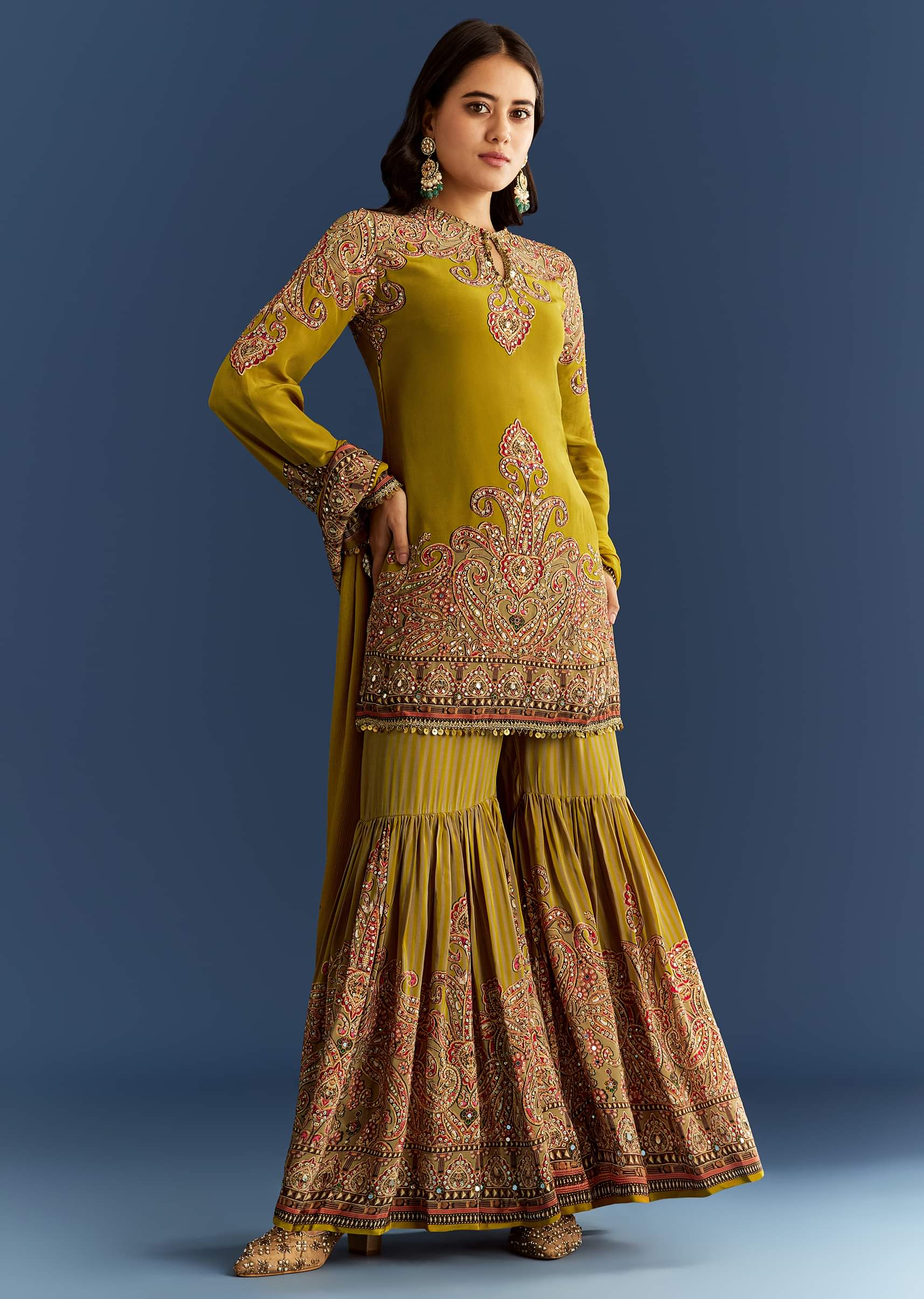 Mehendi Green Crepe Printed Kurta With Printed Sharara And Chinon Dupatta - Image 3