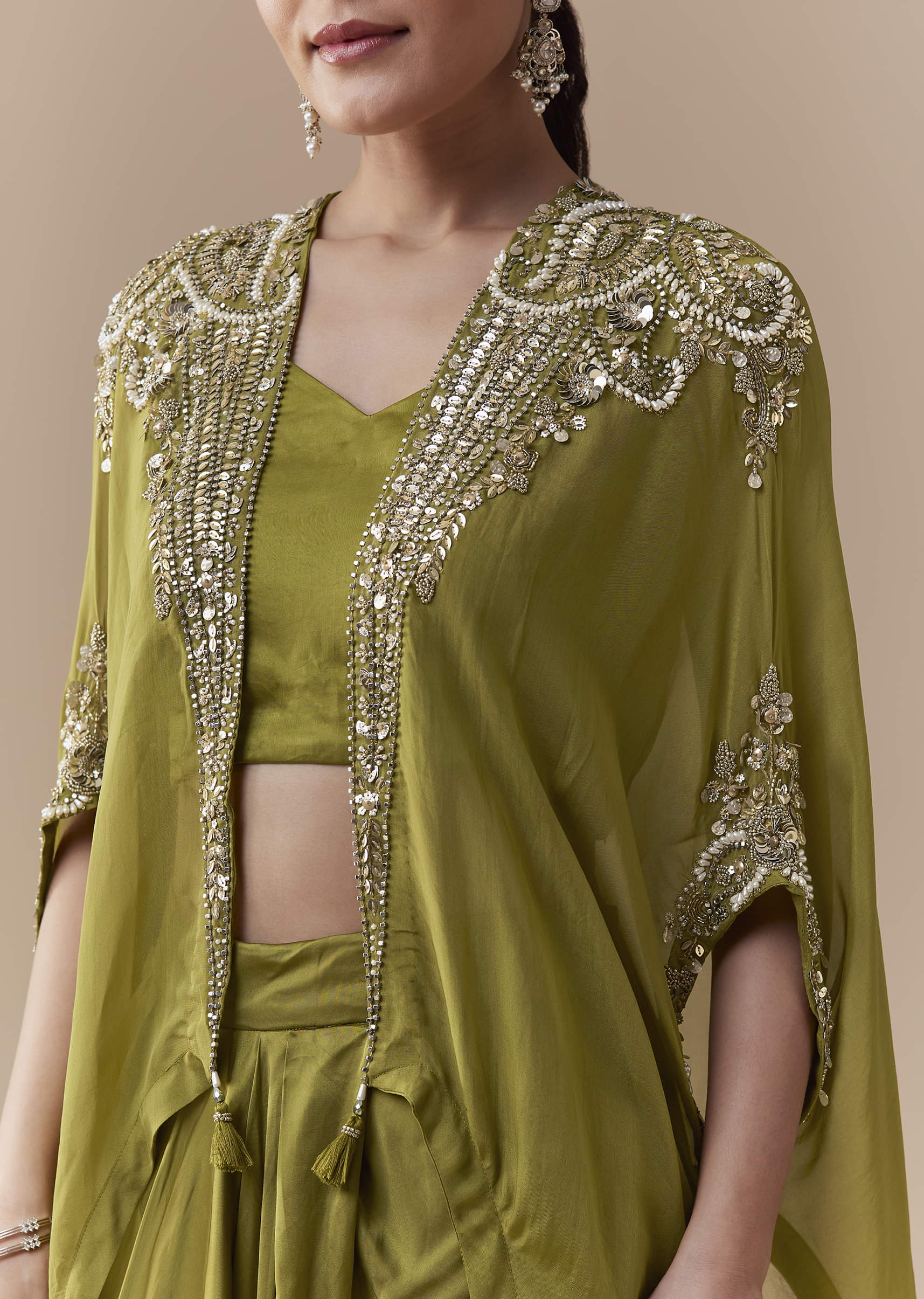 Mehendi Green Crop Top Draped Skirt Set with Sequin Cape - Image 2